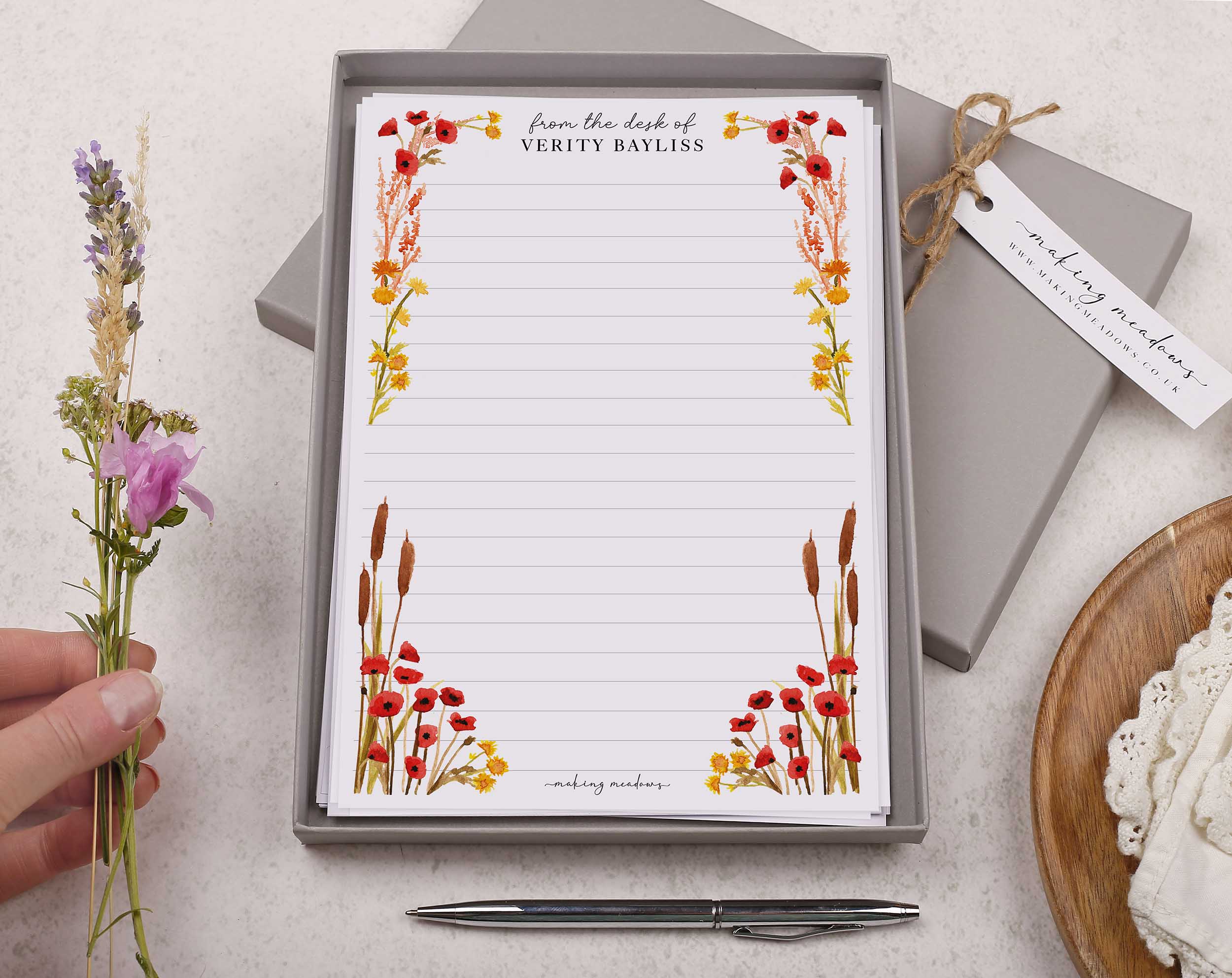 Personalised A5 writing paper with poppies & reeds. Stationery designed by Making Meadows