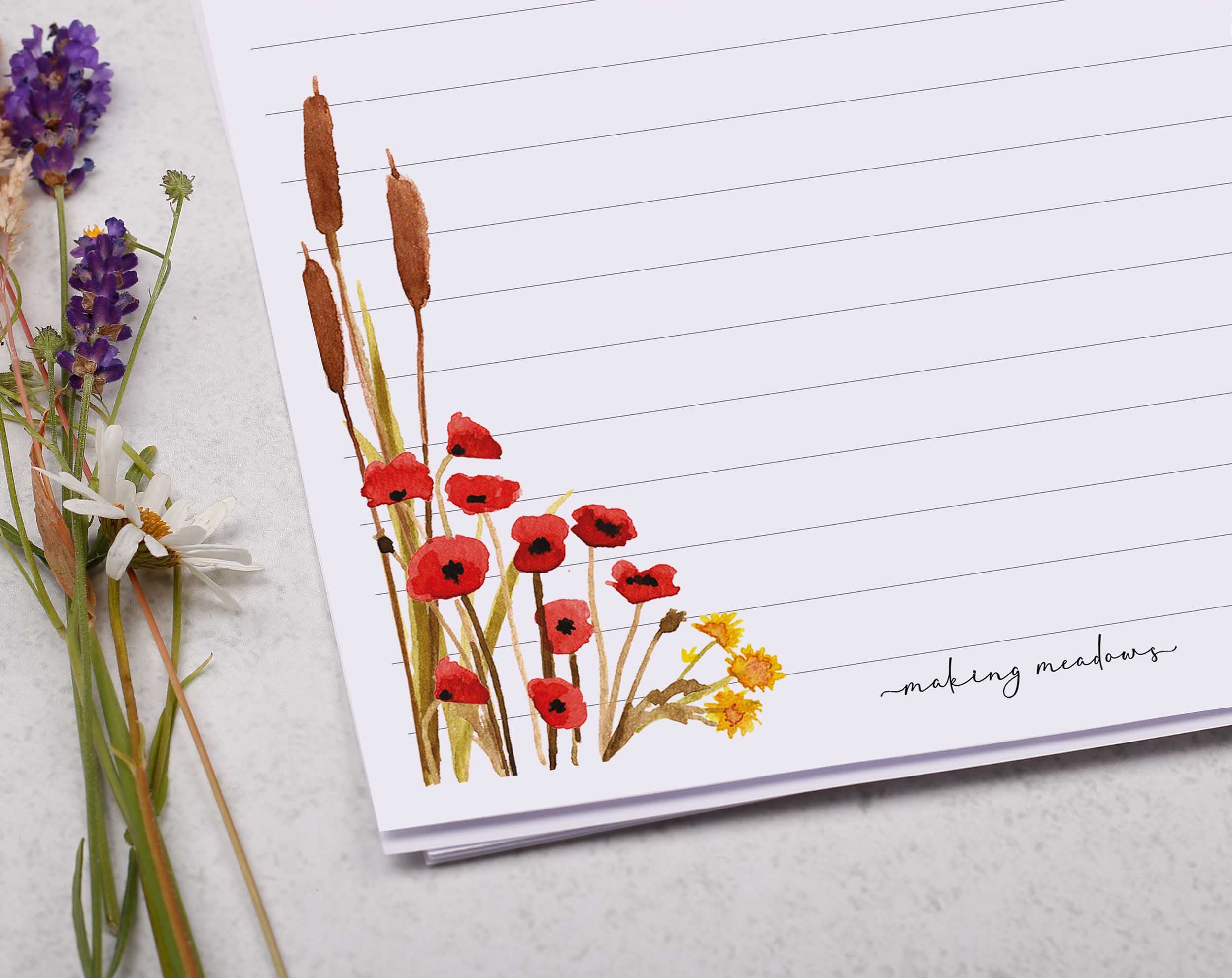 Personalised A5 writing paper with poppies & reeds. Stationery designed by Making Meadows