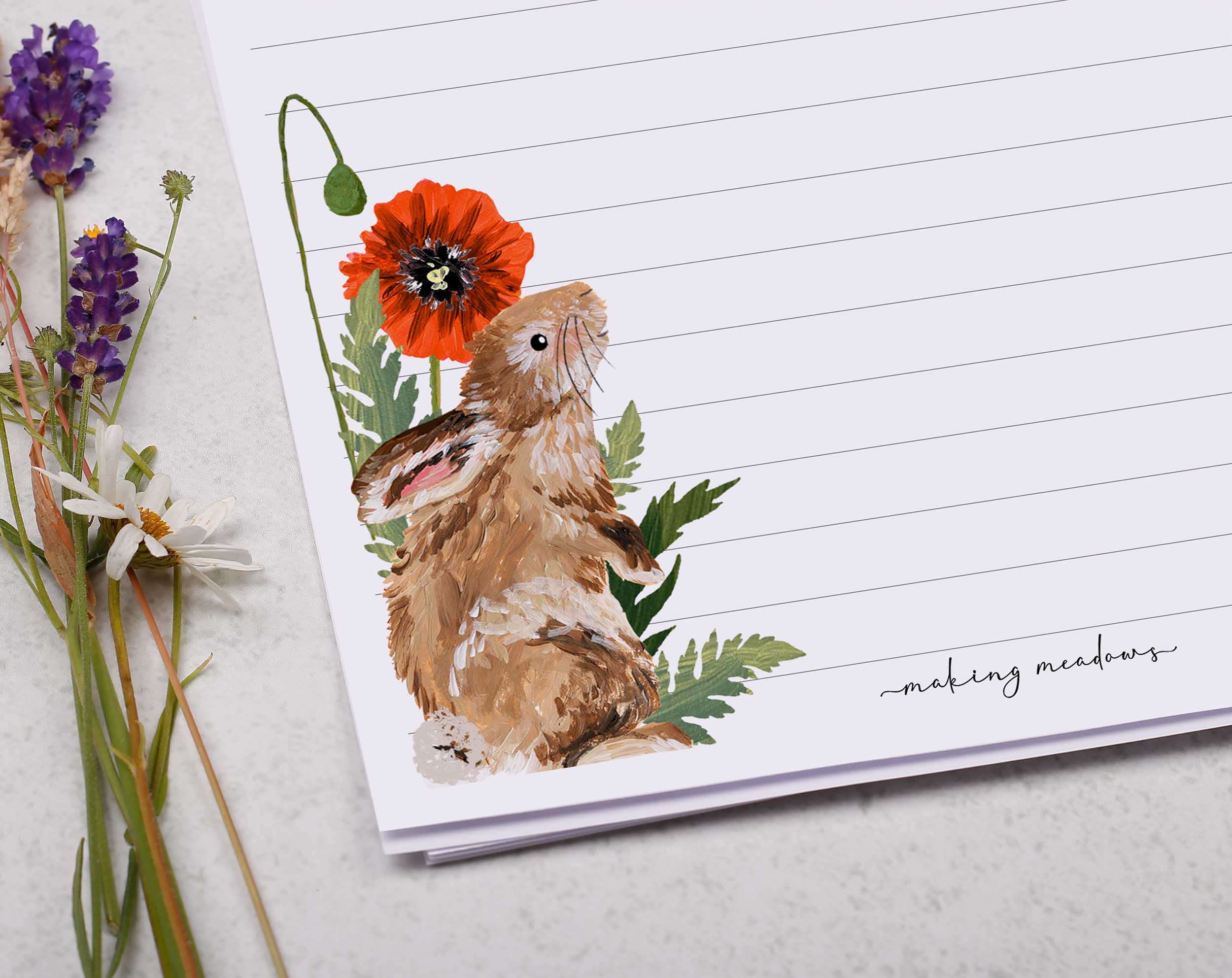 Personalised A5 writing paper with rabbit & poppy. Stationery designed by Making Meadows