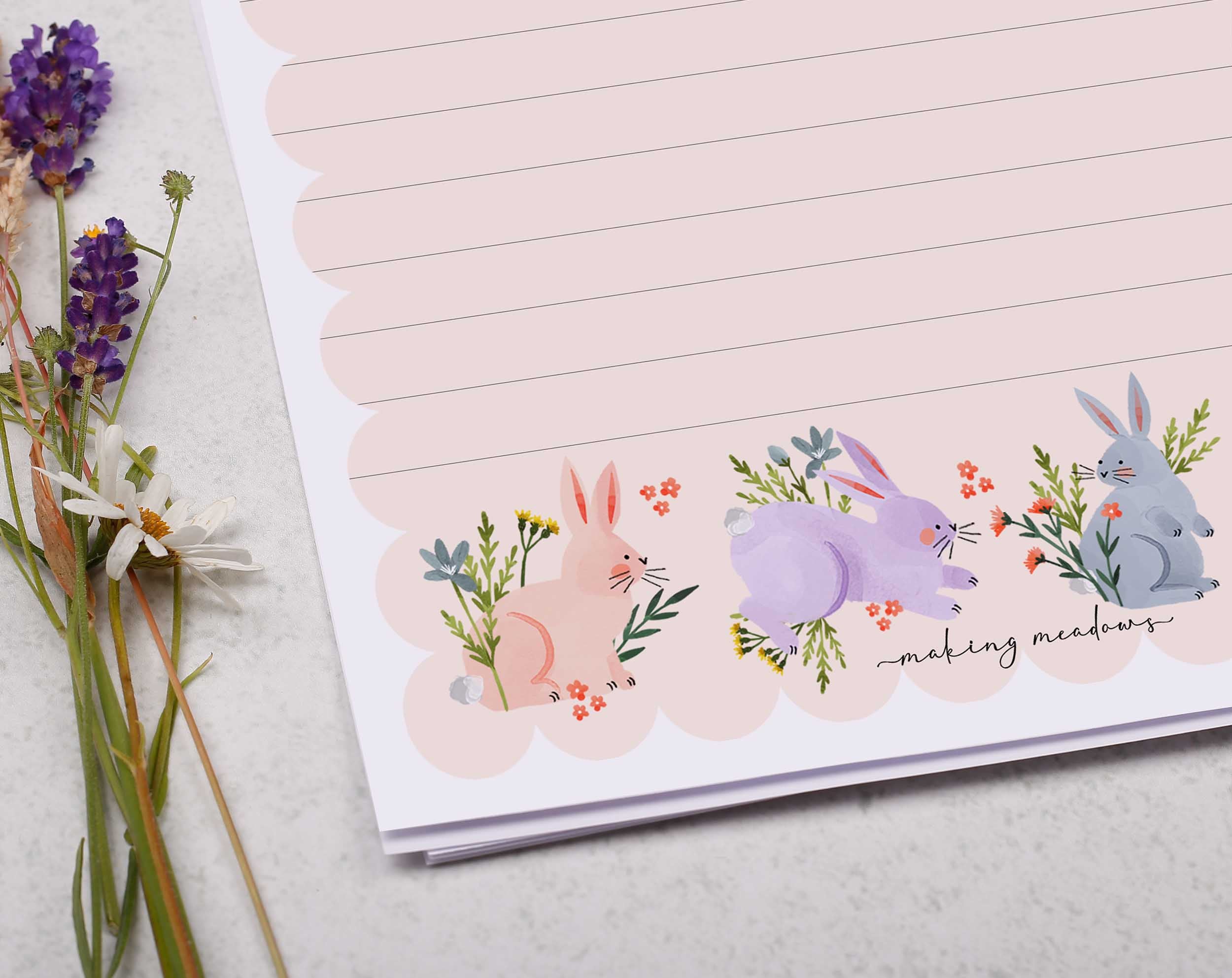 Personalised A5 writing paper with rabbits & flowers. Stationery designed by Making Meadows