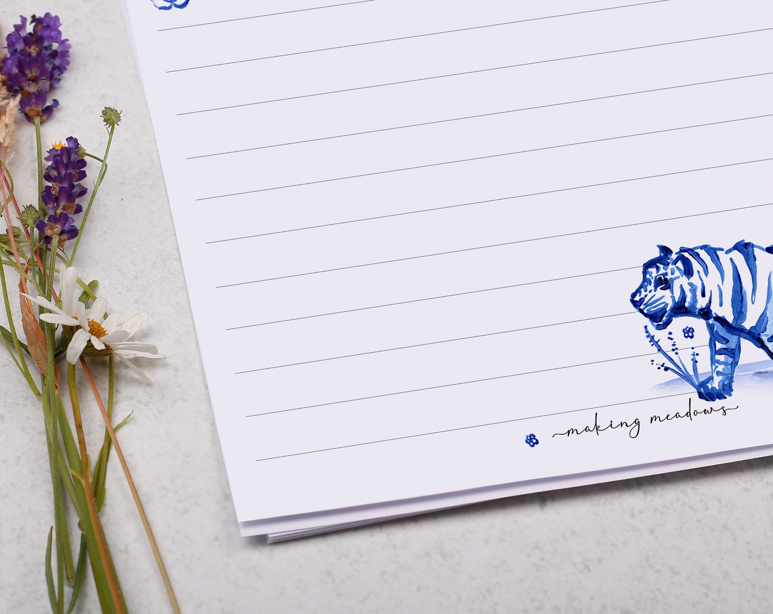 Personalised A5 writing paper with tiger & flowers. Stationery designed by Making Meadows