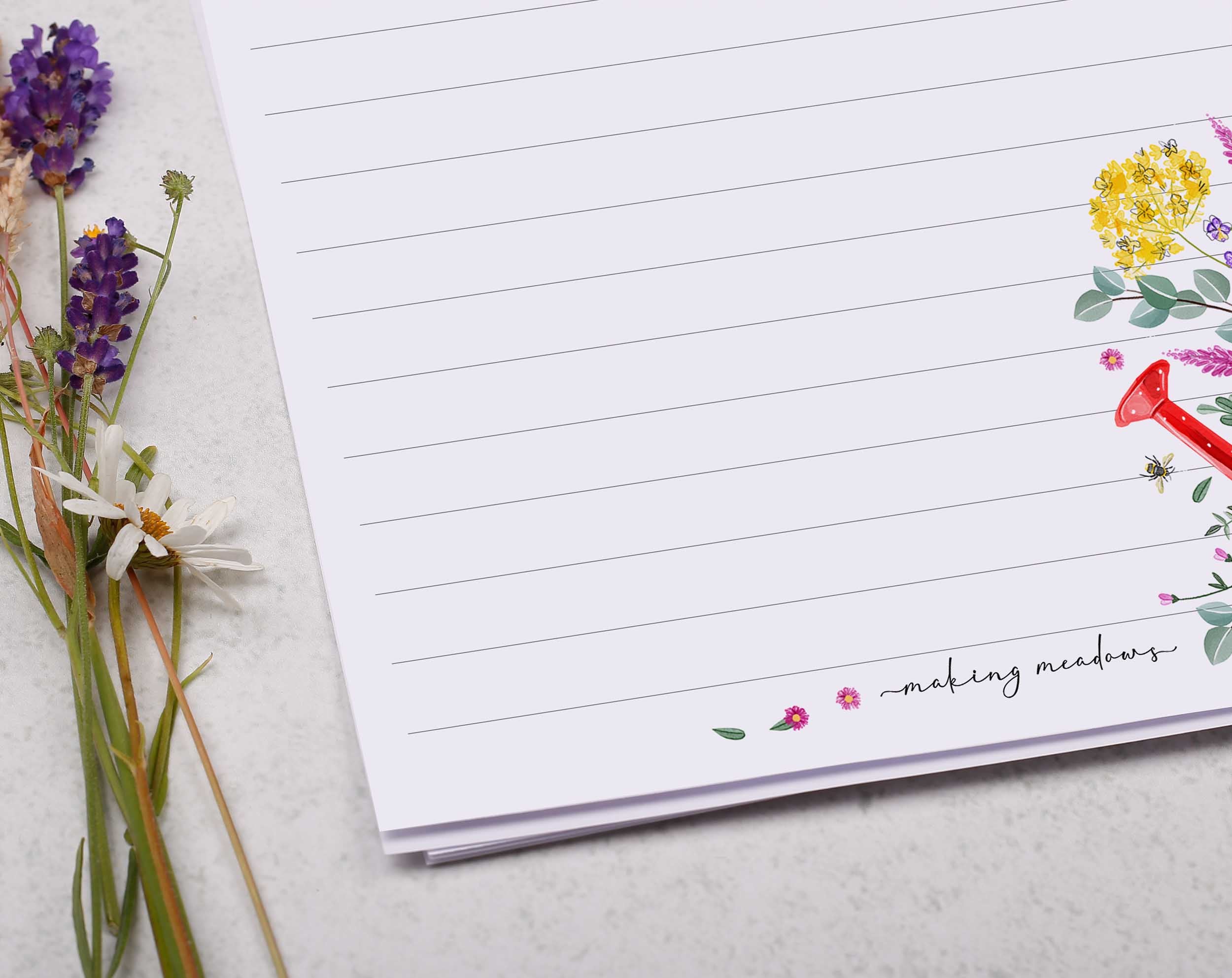 Personalised A5 writing paper with watering can. Stationery designed by Making Meadows