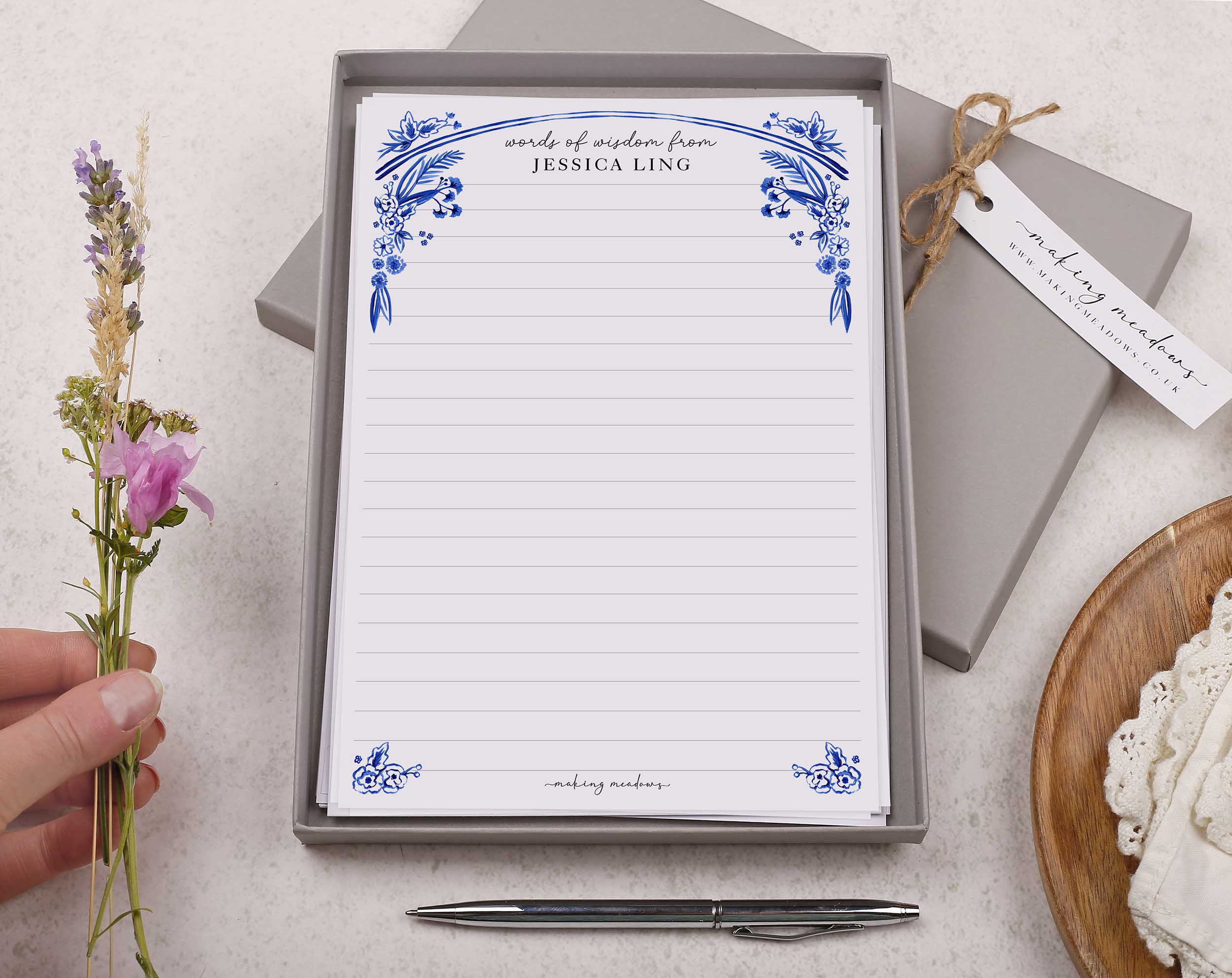 Premium personalised A5 letter writing paper set with a handprinted watercolour floral border in a china blue porcelain design. 