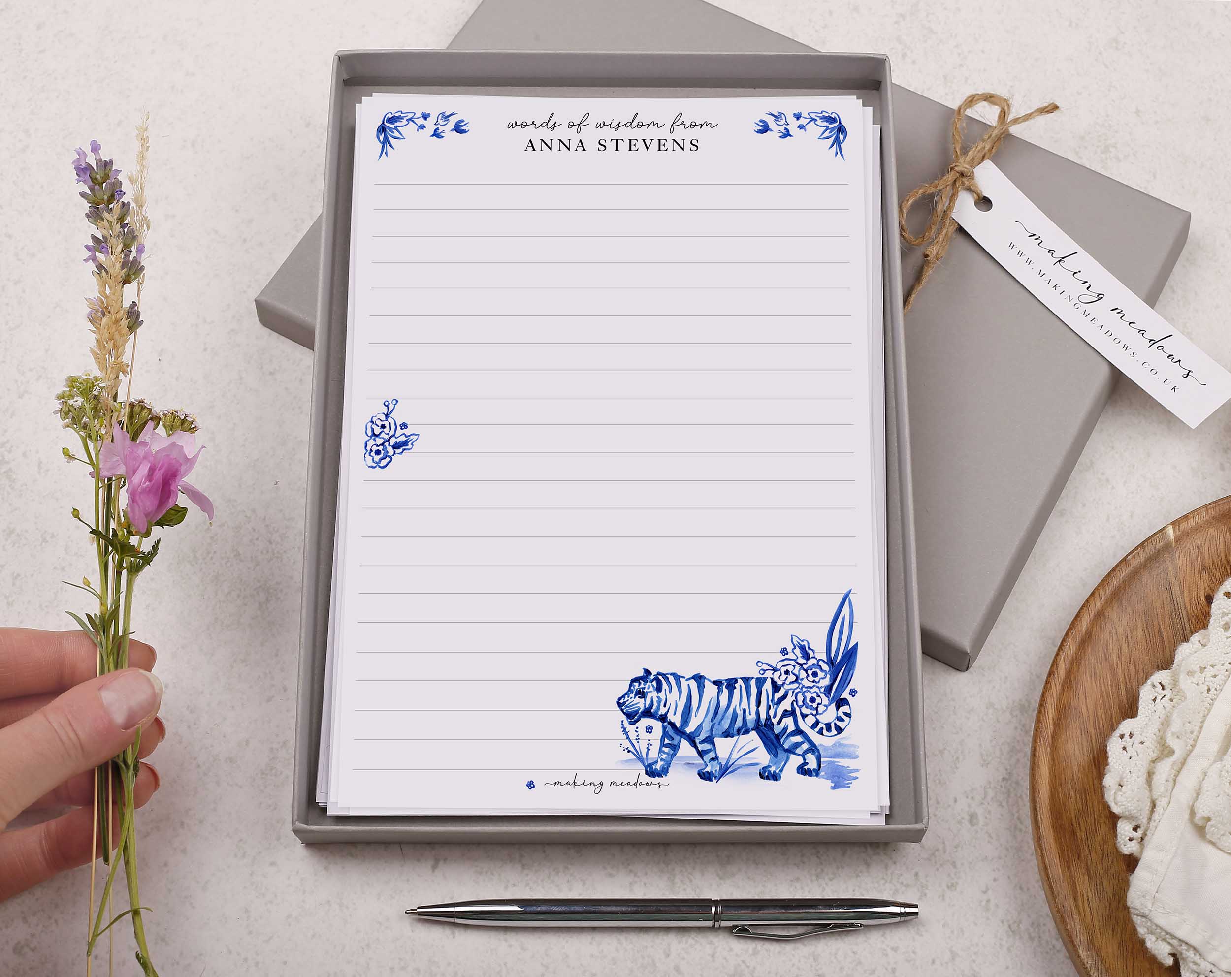 Premium personalised A5 letter writing paper set with a handpainted watercolour tiger and floral border in a china blue porcelain design. 