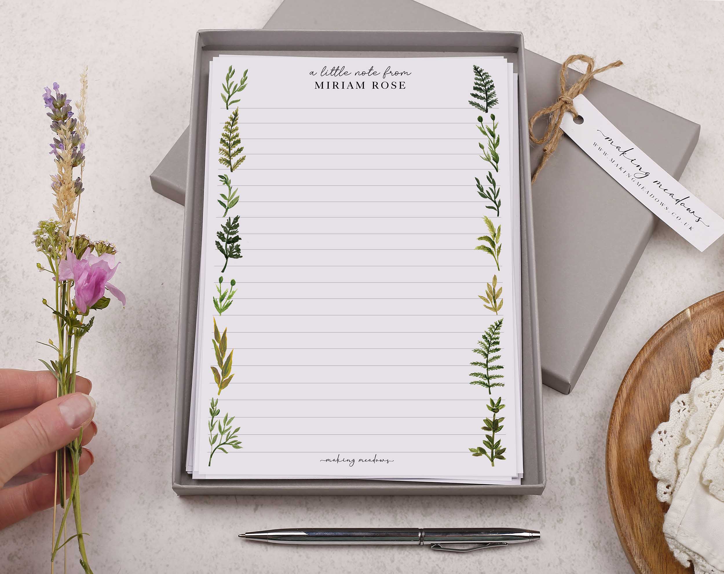 Premium personalised A5 letter writing paper set with a botanical foliage border. 