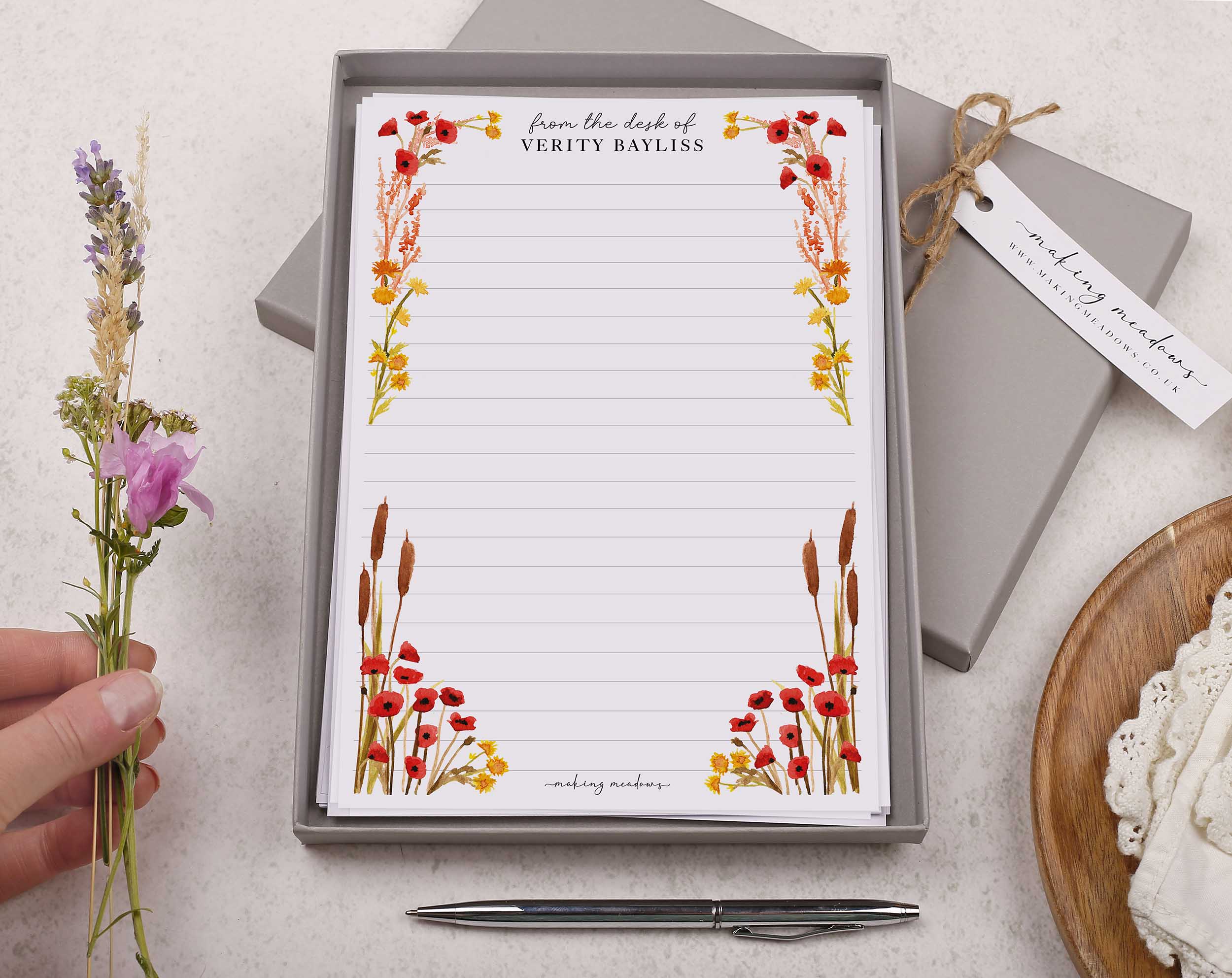 Premium personalised A5 letter writing paper set with a poppy and reed flower border. 