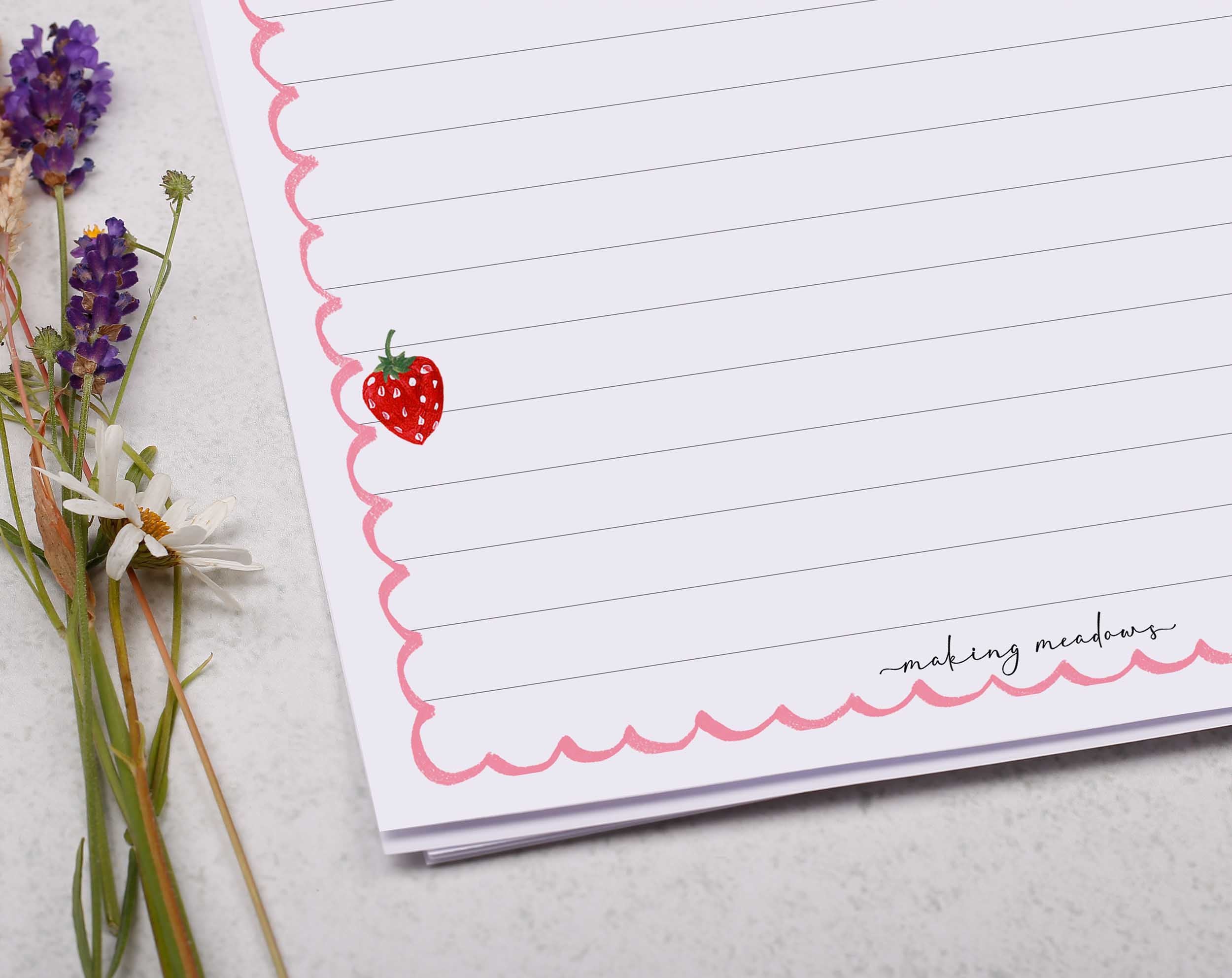 Premium personalised A5 letter writing paper set with a pretty french strawberry and pink scalloped edge border. 