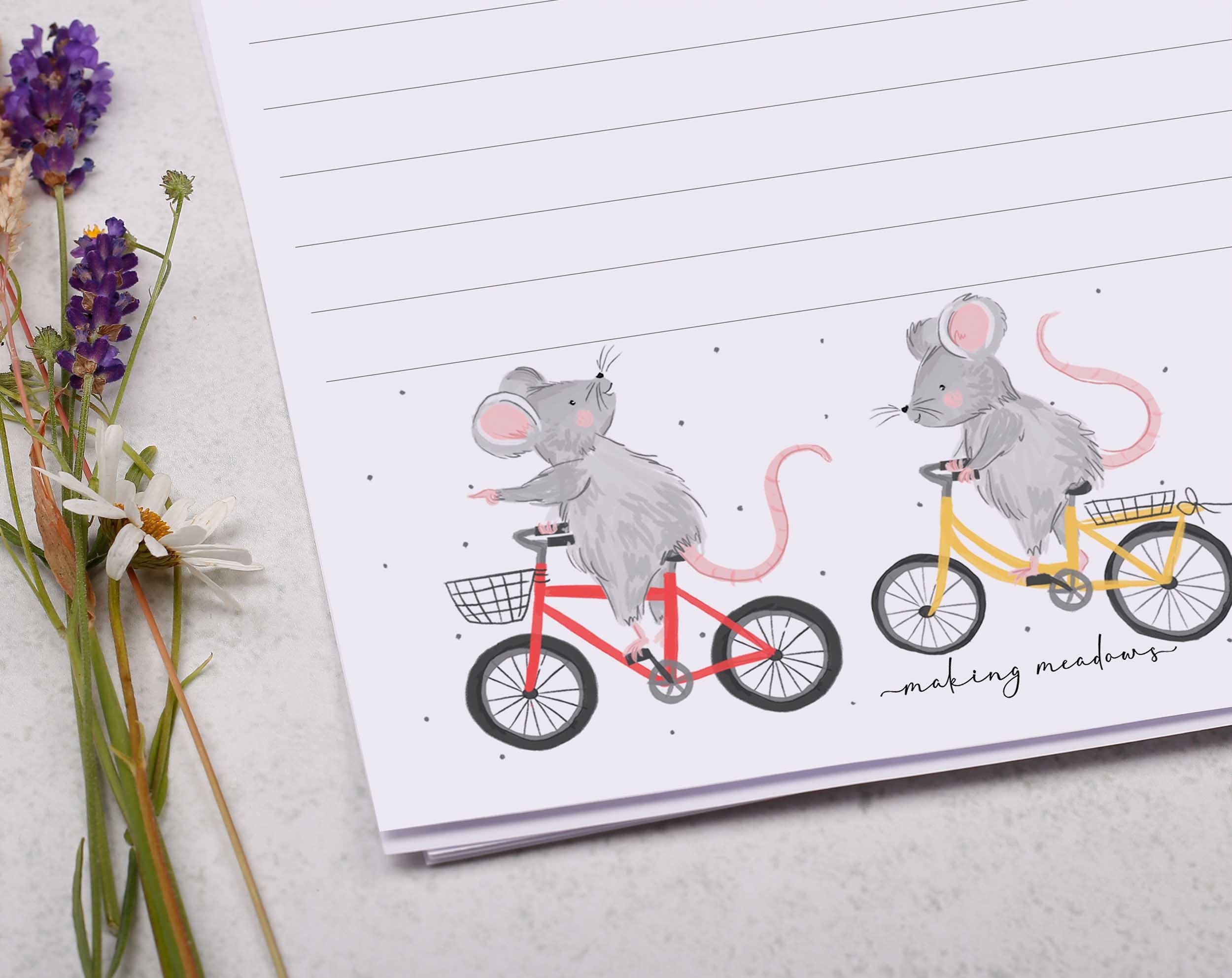 Premium personalised A5 letter writing paper set for children with a family of mice cycling along. 