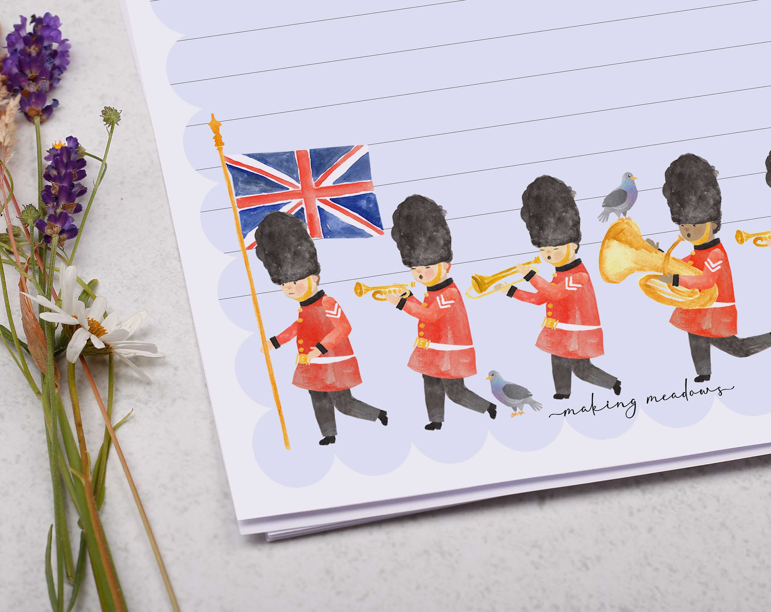 Premium personalised A5 letter writing paper set for children with the Queens guards marching along.