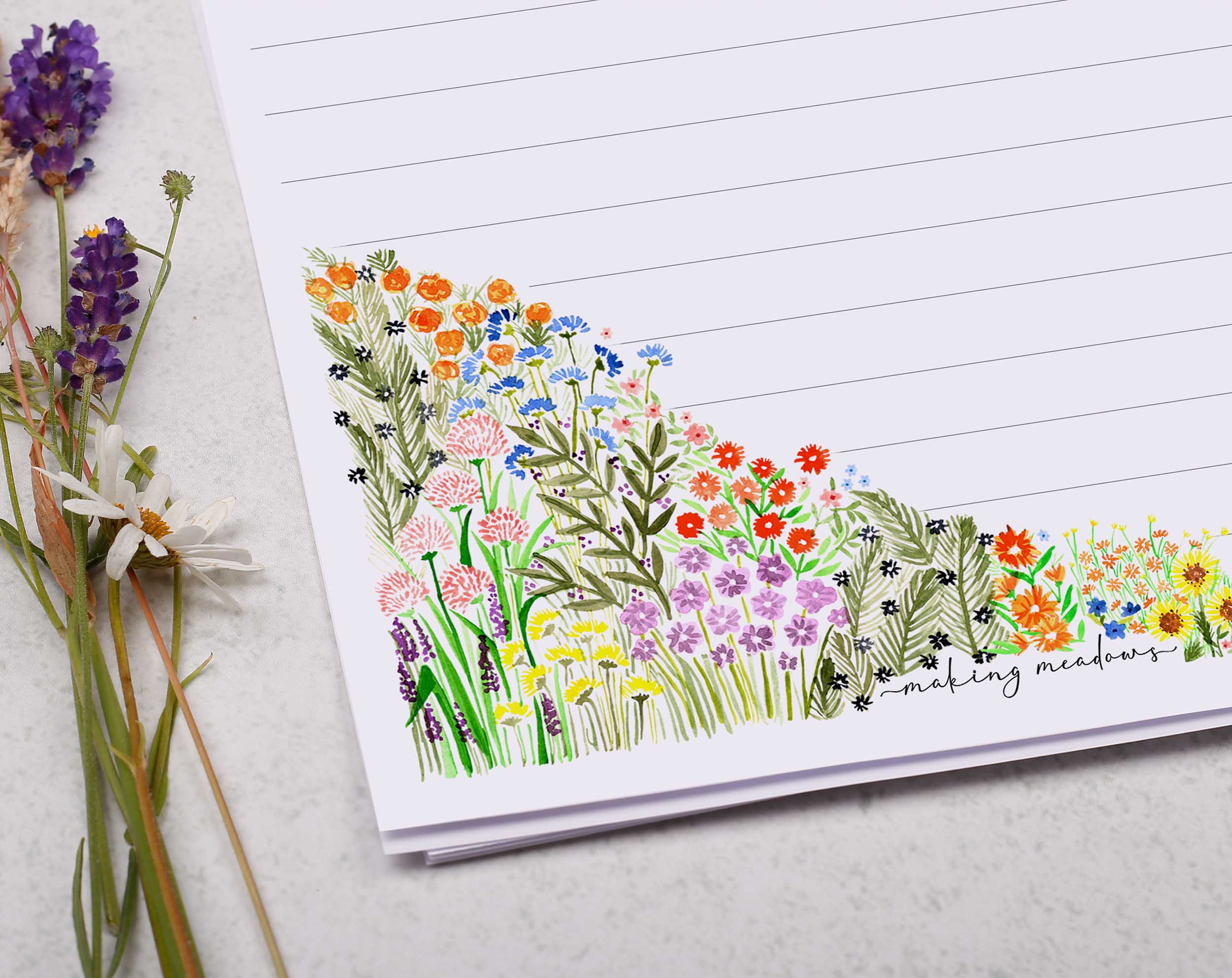 Premium personalised A5 letter writing paper set with beautiful hand painted watercolour flowers cascading around the border. 