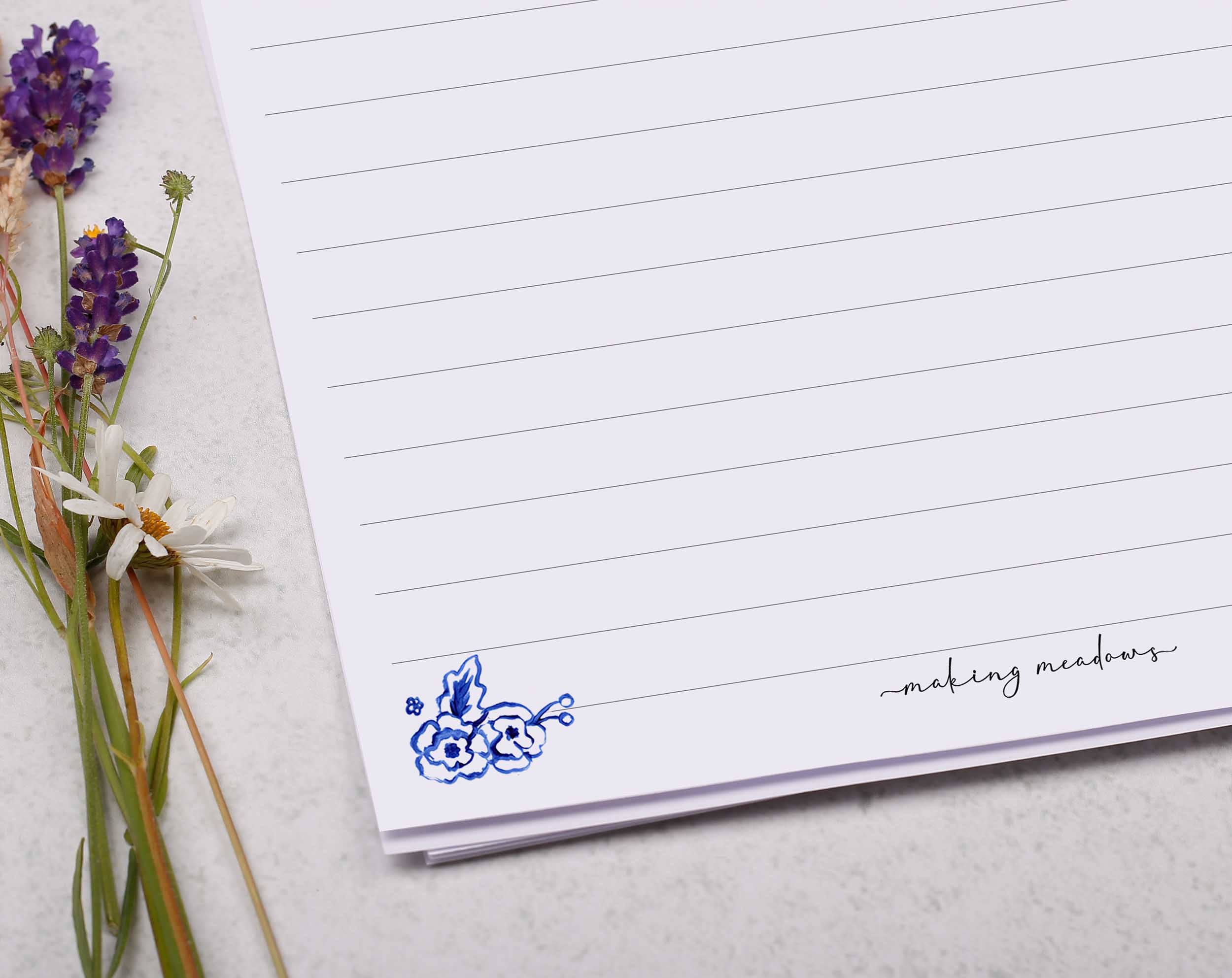 Premium personalised A5 letter writing paper set with a handprinted watercolour floral border in a china blue porcelain design. 