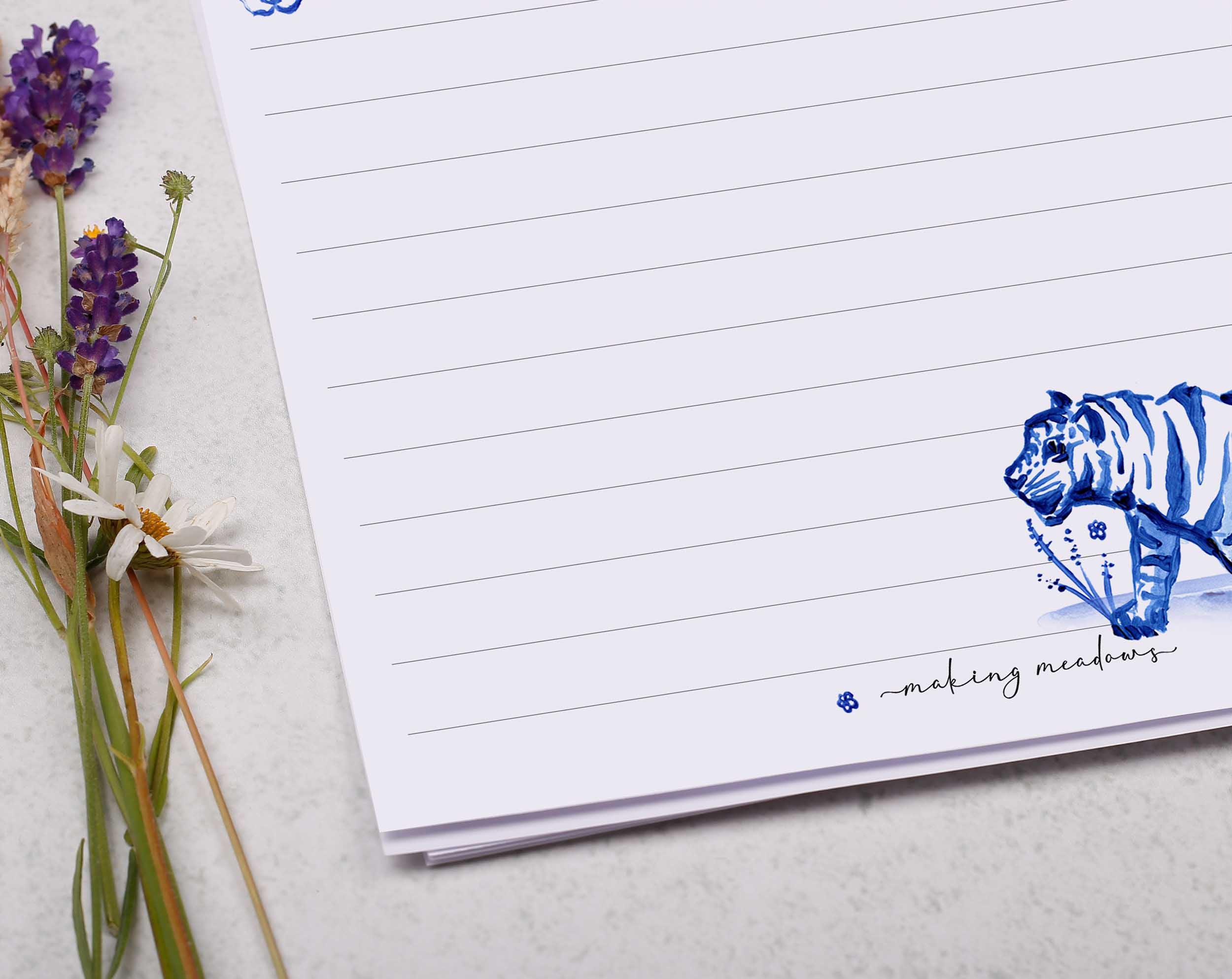 Premium personalised A5 letter writing paper set with a handpainted watercolour tiger and floral border in a china blue porcelain design. 