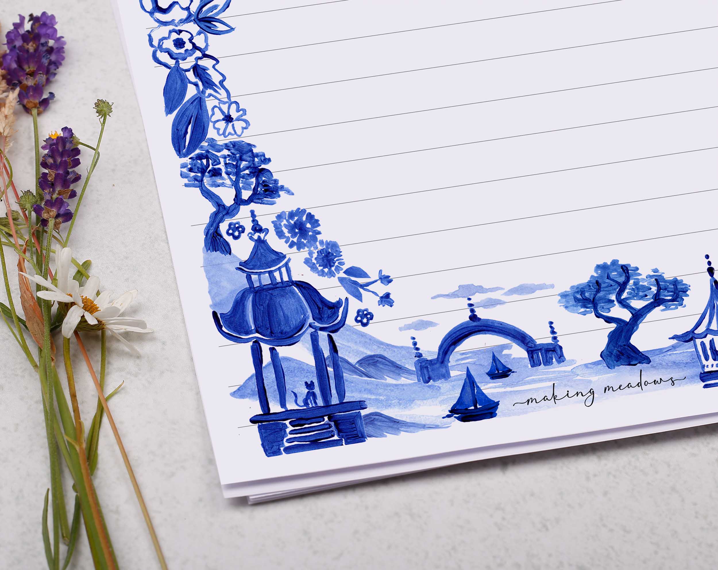 Premium personalised A5 letter writing paper set with a hand painted watercolour oriental landscape in a china blue porcelain design. 