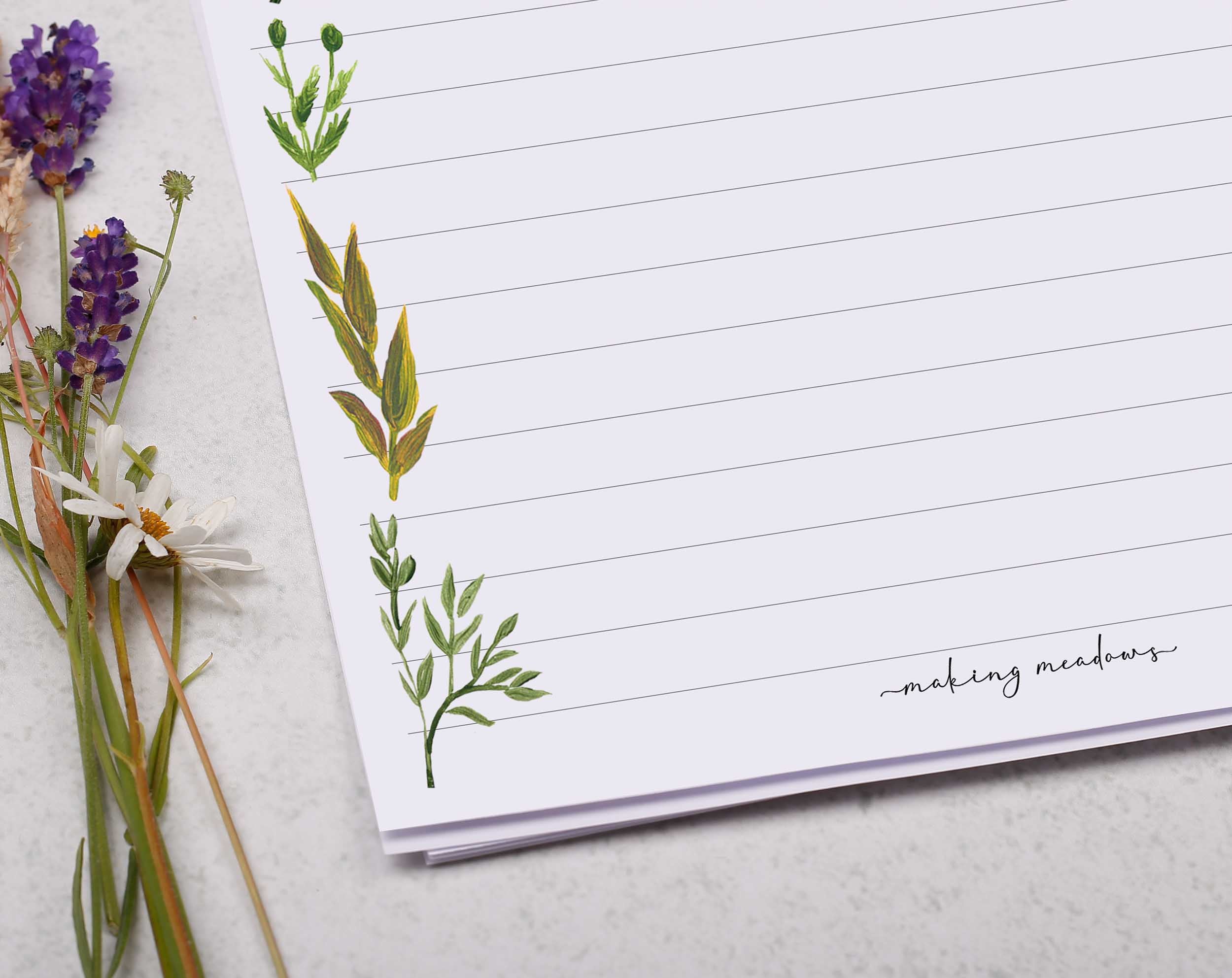 Premium personalised A5 letter writing paper set with a botanical foliage border. 