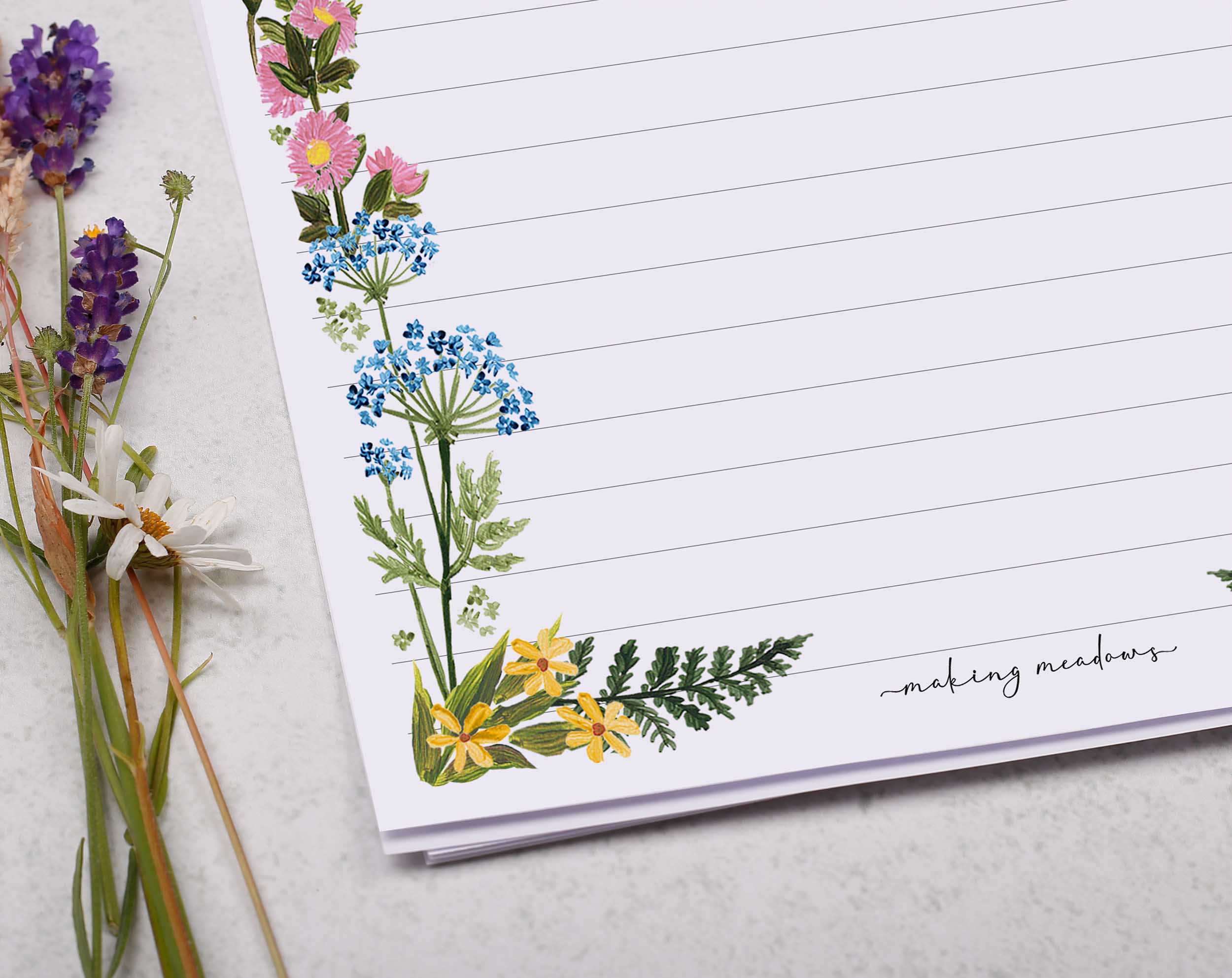 Premium personalised A5 letter writing paper set with a meadow flower border.