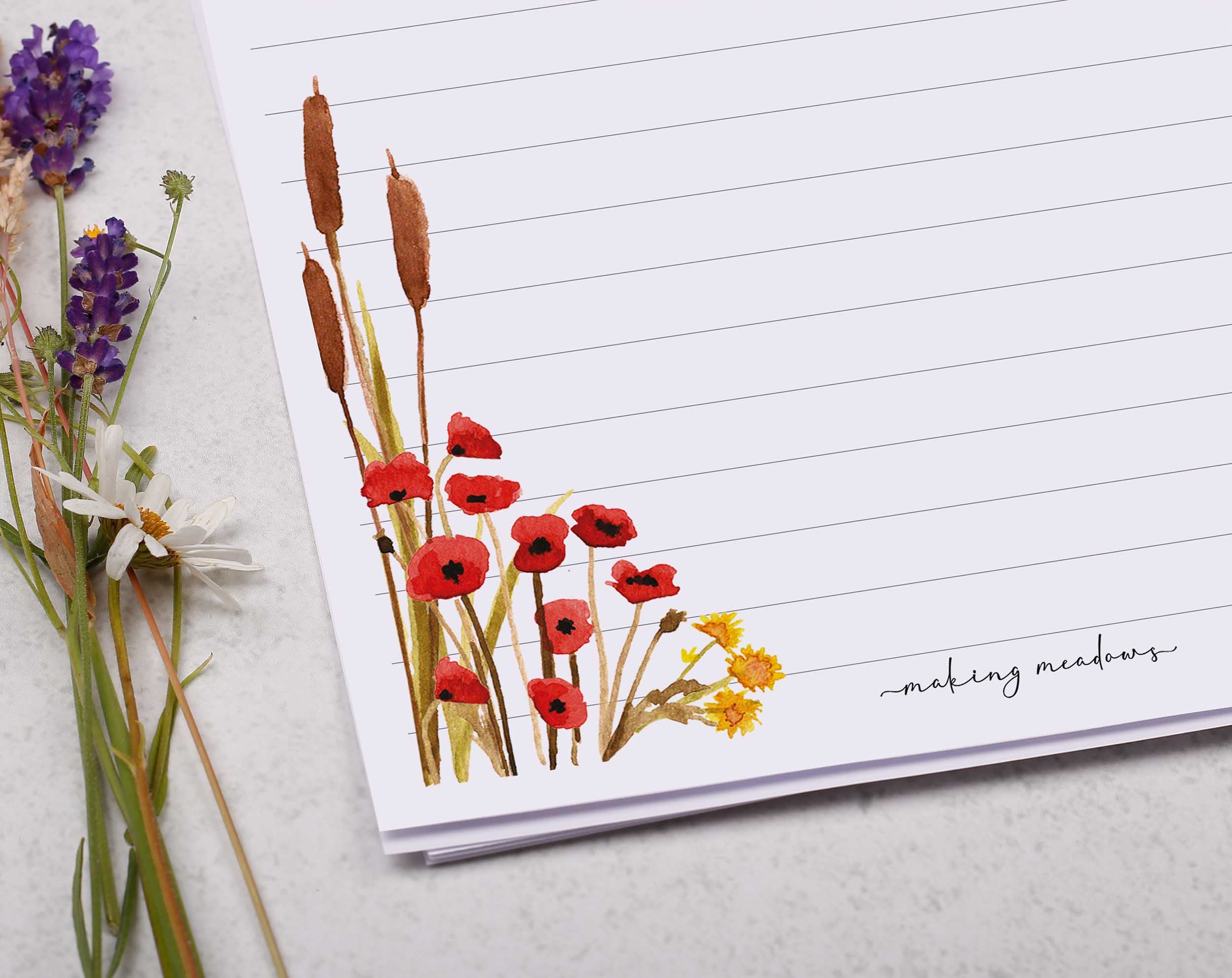 Premium personalised A5 letter writing paper set with a poppy and reed flower border. 