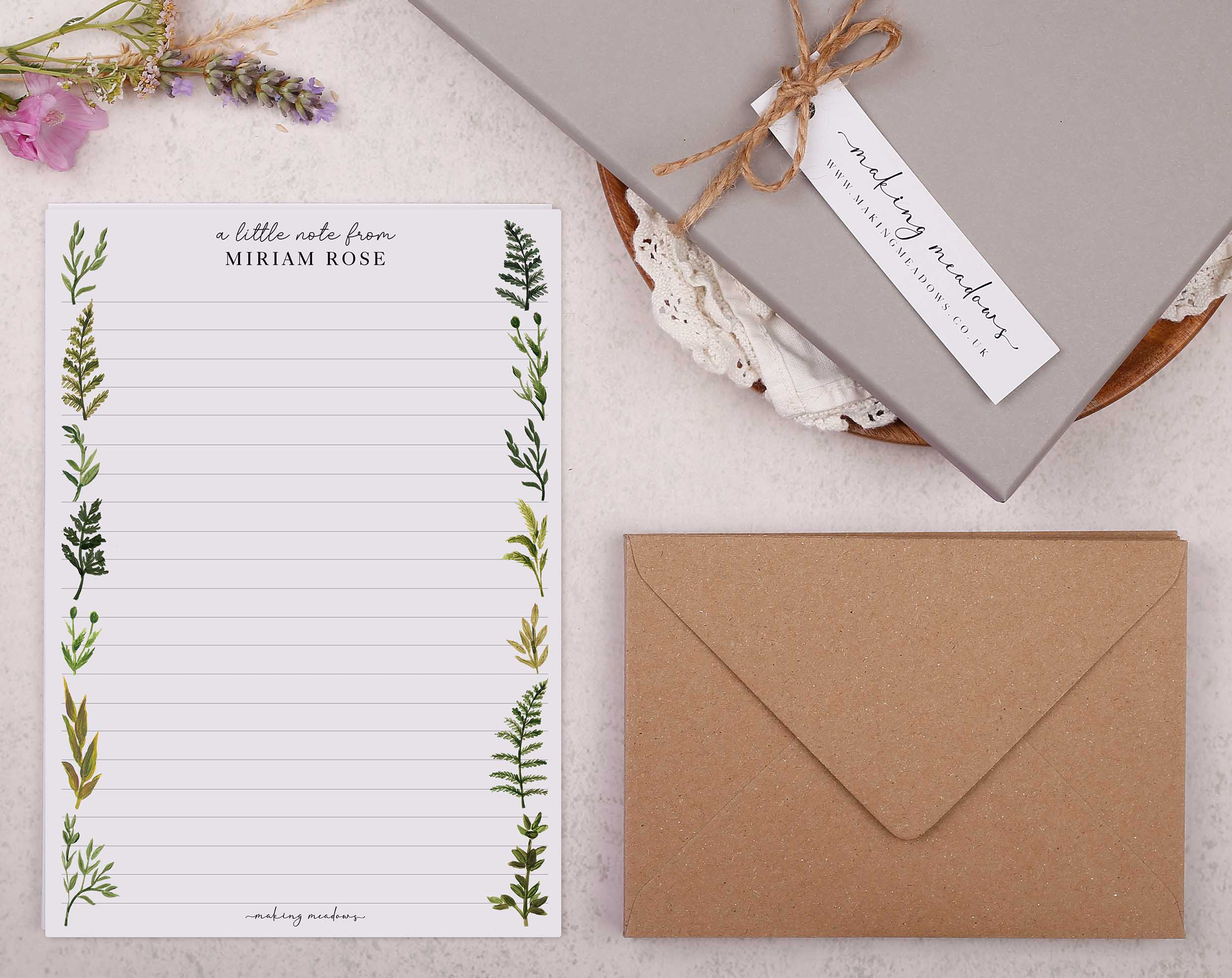 Premium personalised A5 letter writing paper set with a botanical foliage border. 