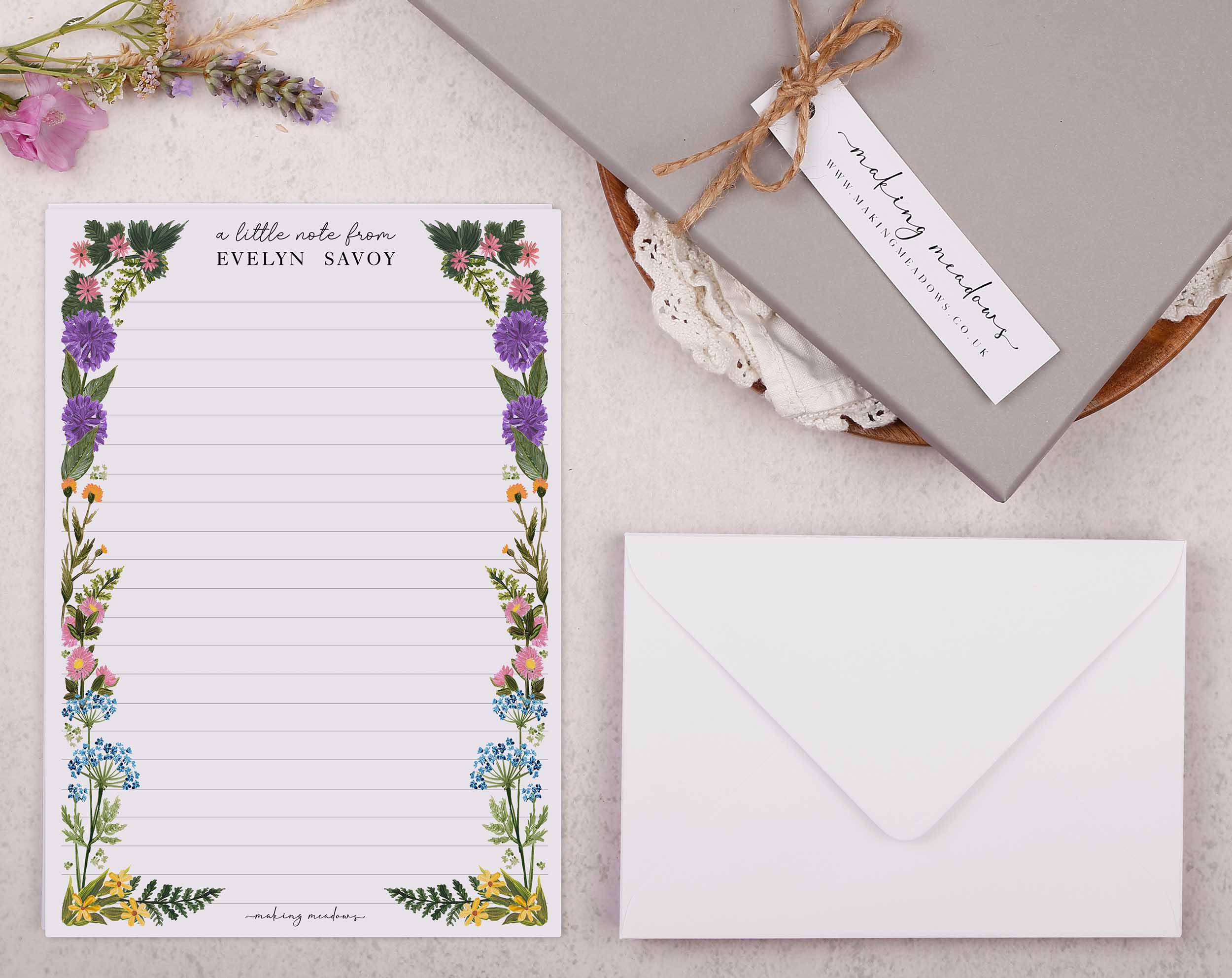 Premium personalised A5 letter writing paper set with a meadow flower border.