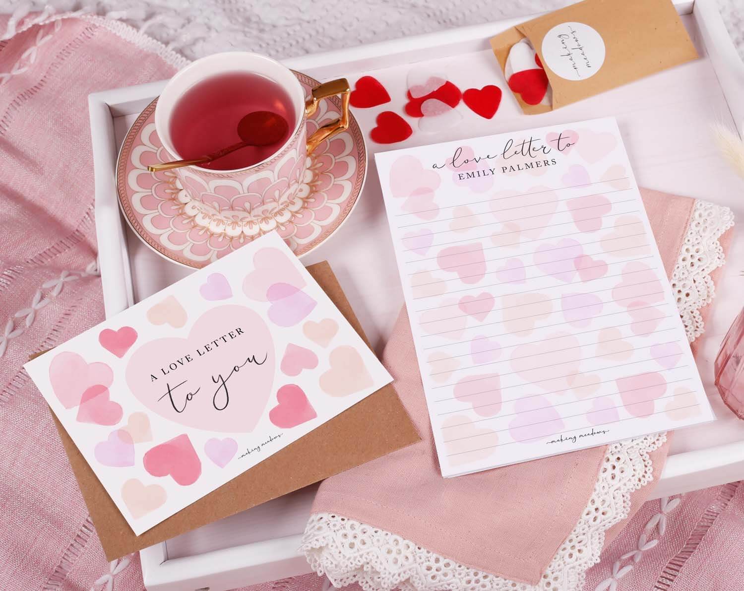 Personalised Love Letter With Watercolour Hearts. Stationery designed by Making Meadows