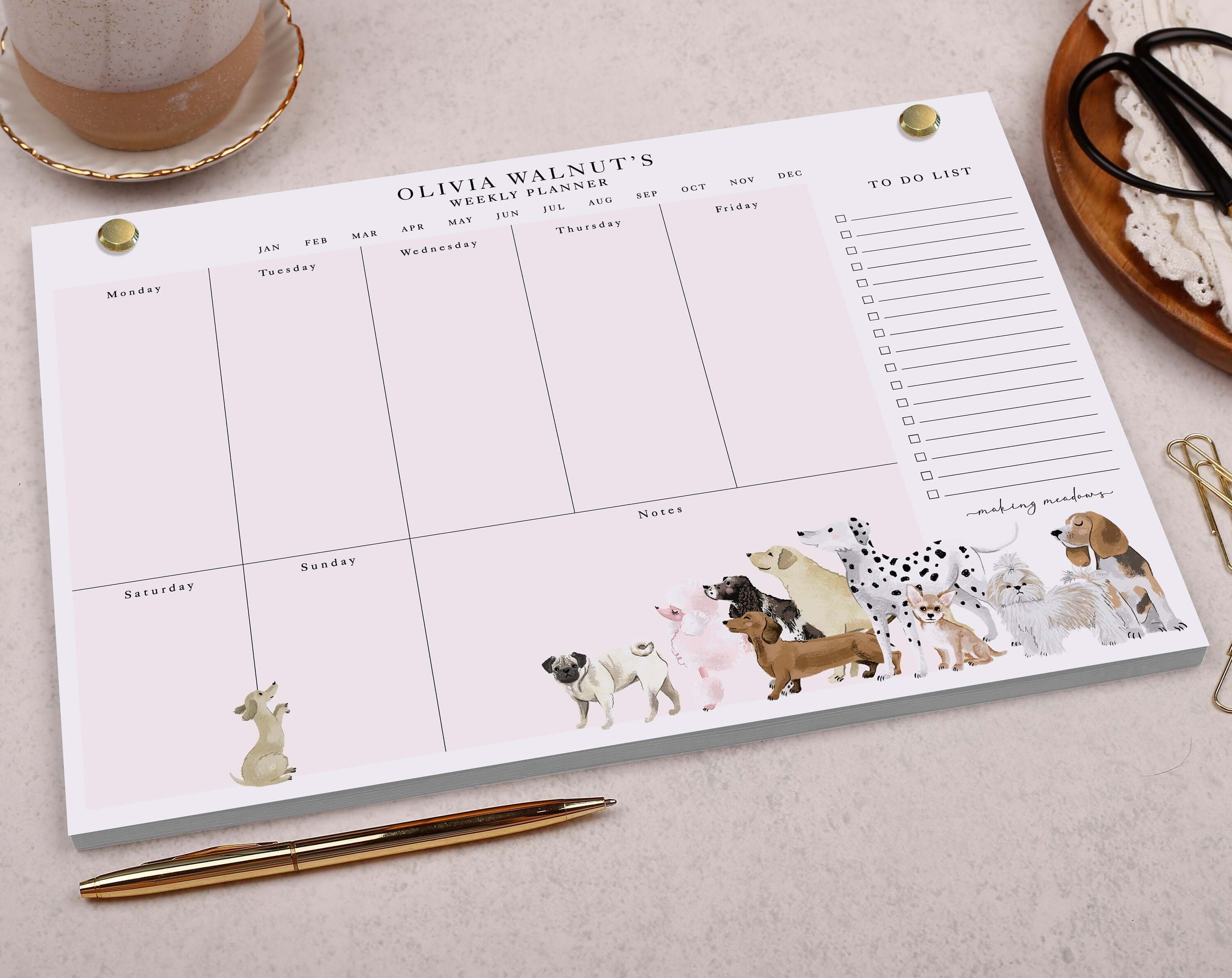 Pink Dog Personalised Weekly Planner Pad. Planners designed by Making Meadows