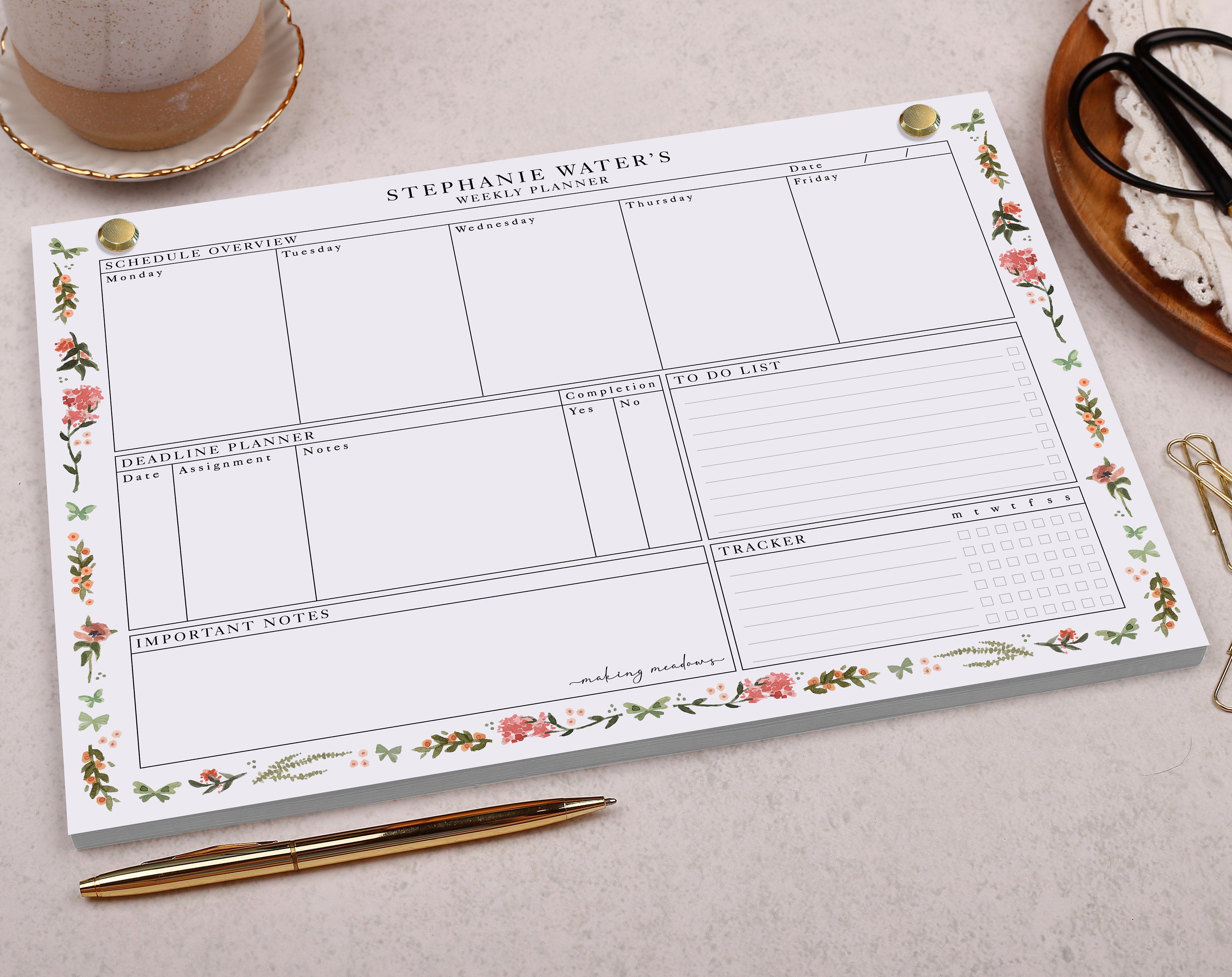 Pink Floral Personalised Weekly Planner Pad. Planners designed by Making Meadows
