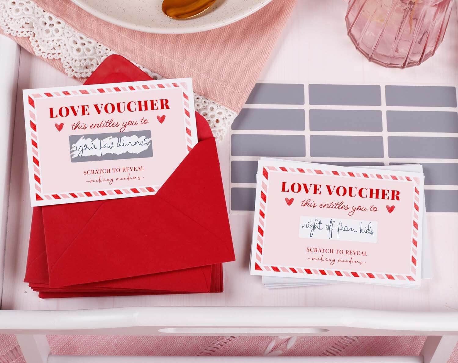 Pink Love Vouchers With Scratch Off Surprise. Stationery designed by Making Meadows