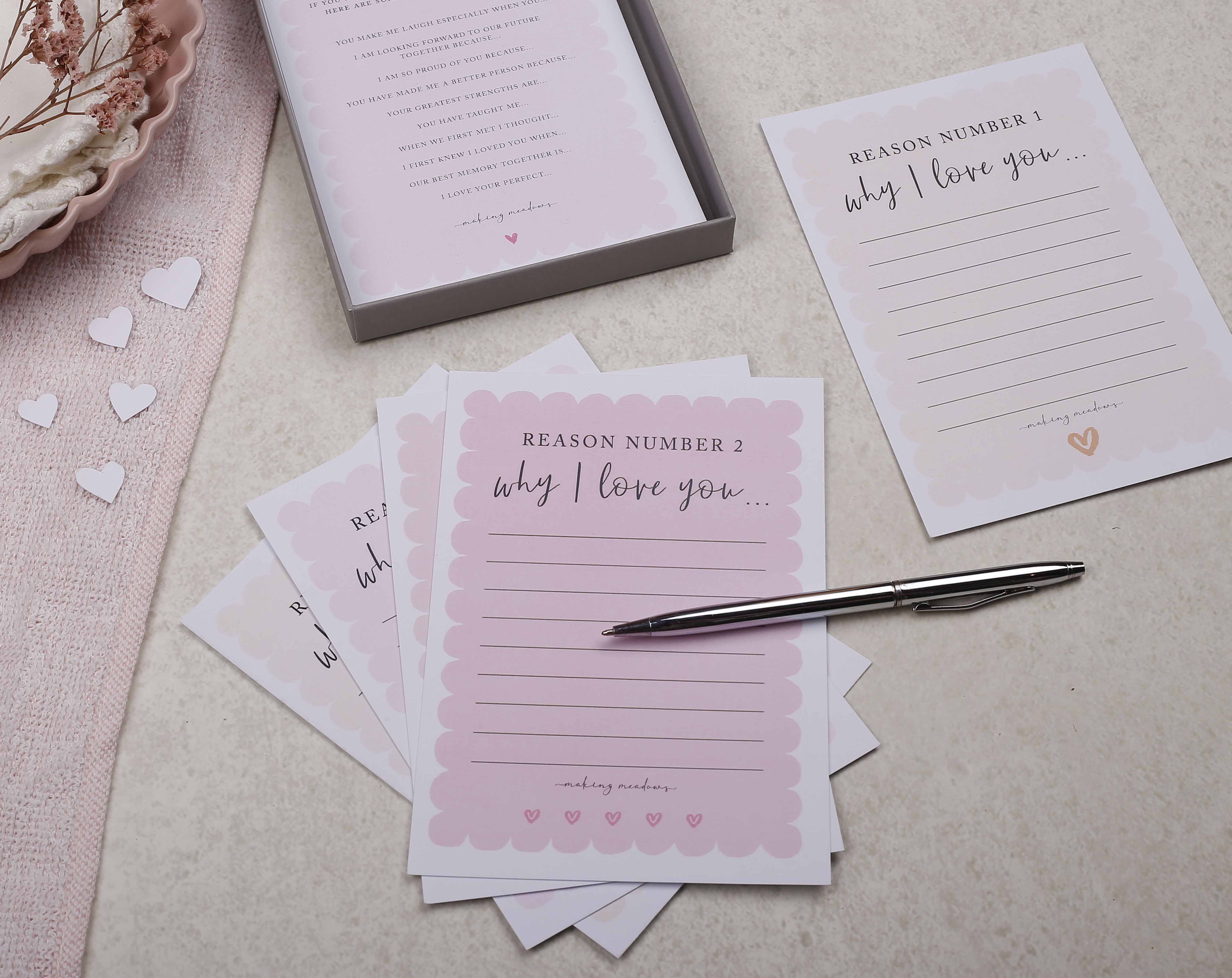 Pink Reason's Why I Love You Gift Box. Stationery designed by Making Meadows
