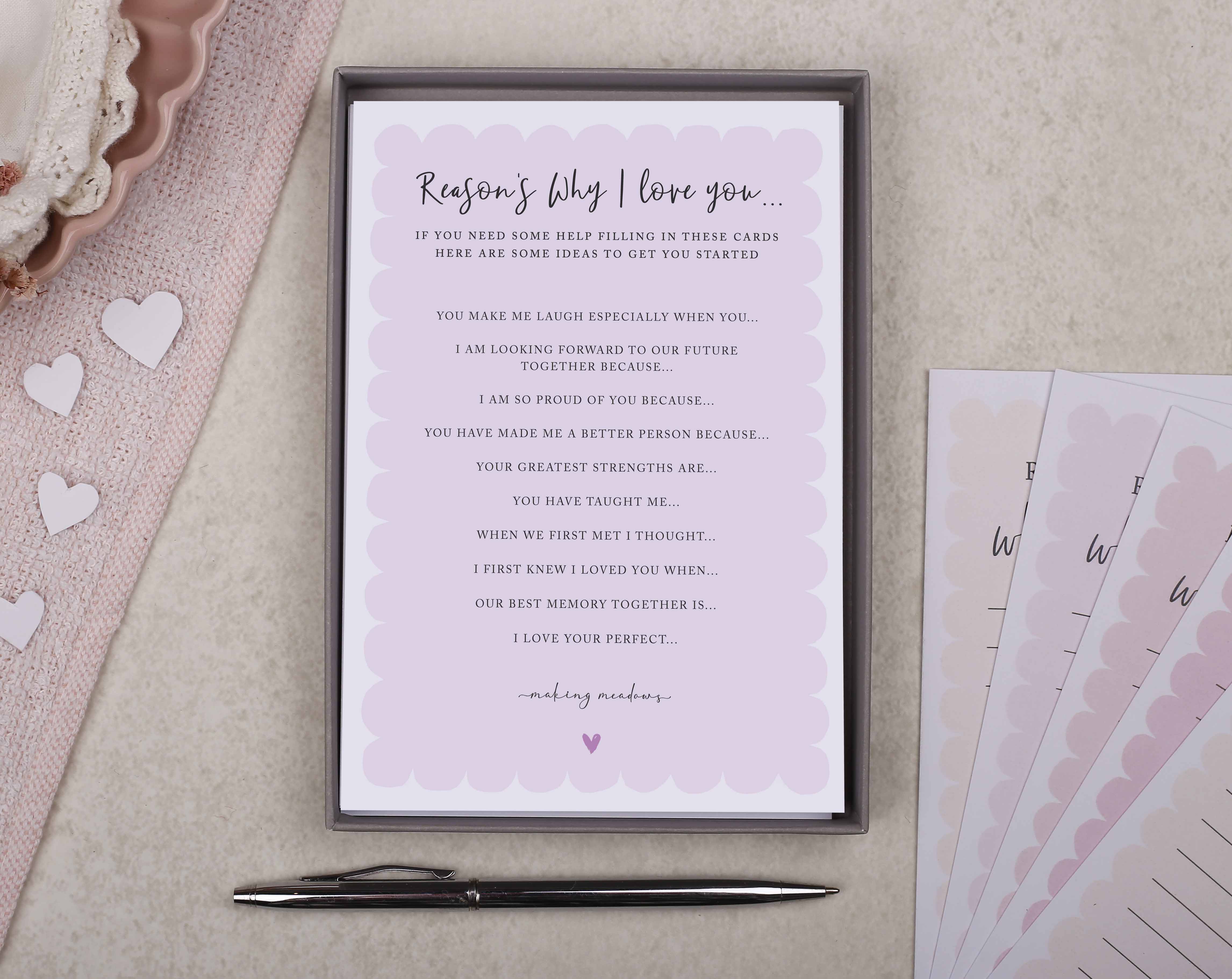Pink Reason's Why I Love You Gift Box. Stationery designed by Making Meadows