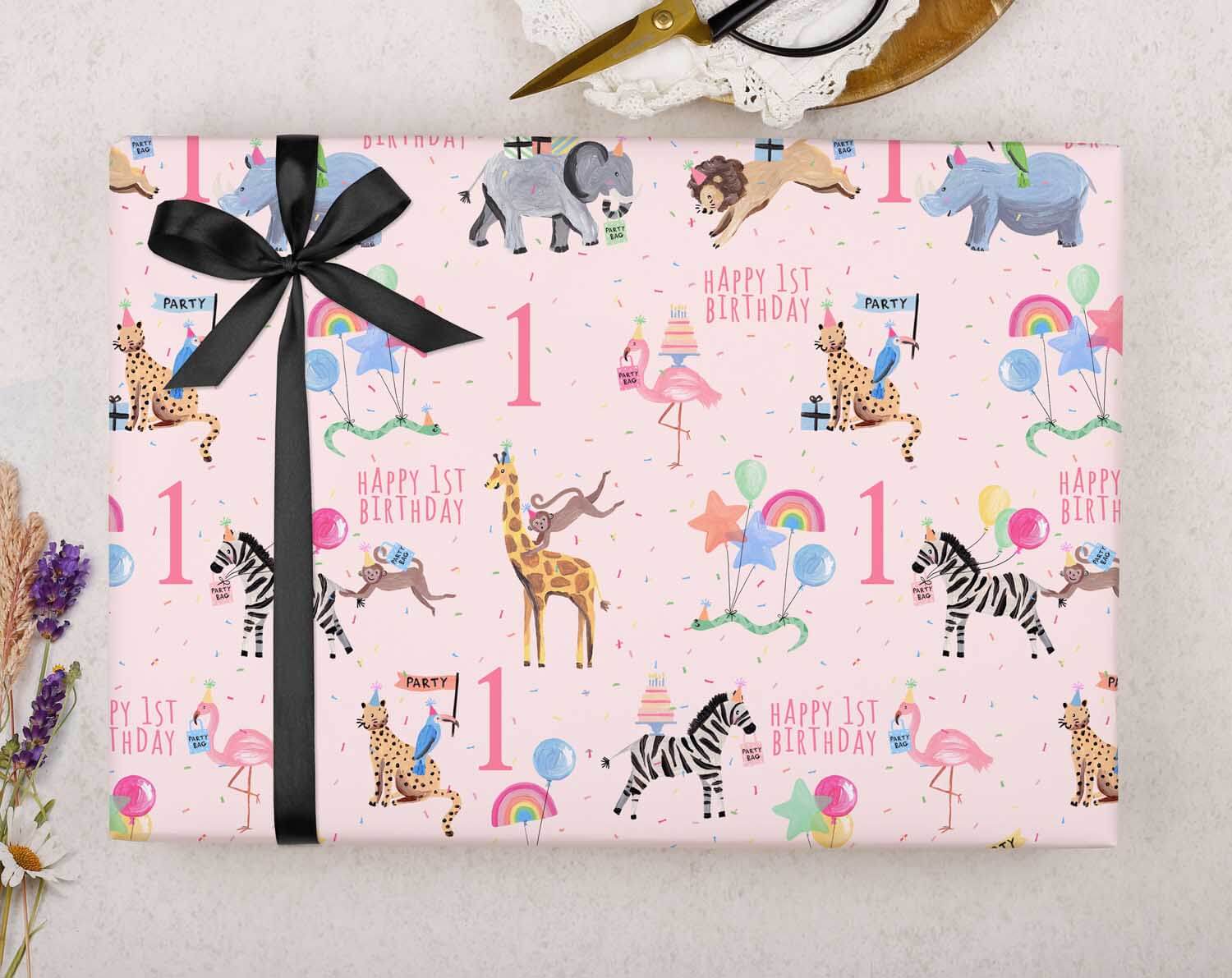 Pink Safari Animal 1st Birthday Wrapping Paper. Wrapping Paper designed by Making Meadows