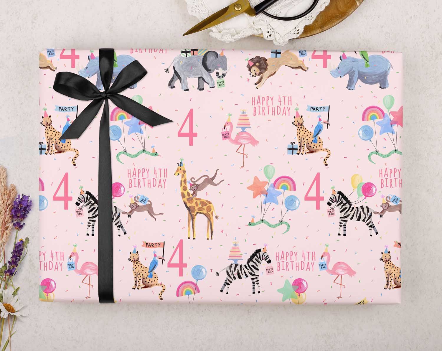 Pink Safari Animal 4th Birthday Wrapping Paper. Wrapping Paper designed by Making Meadows