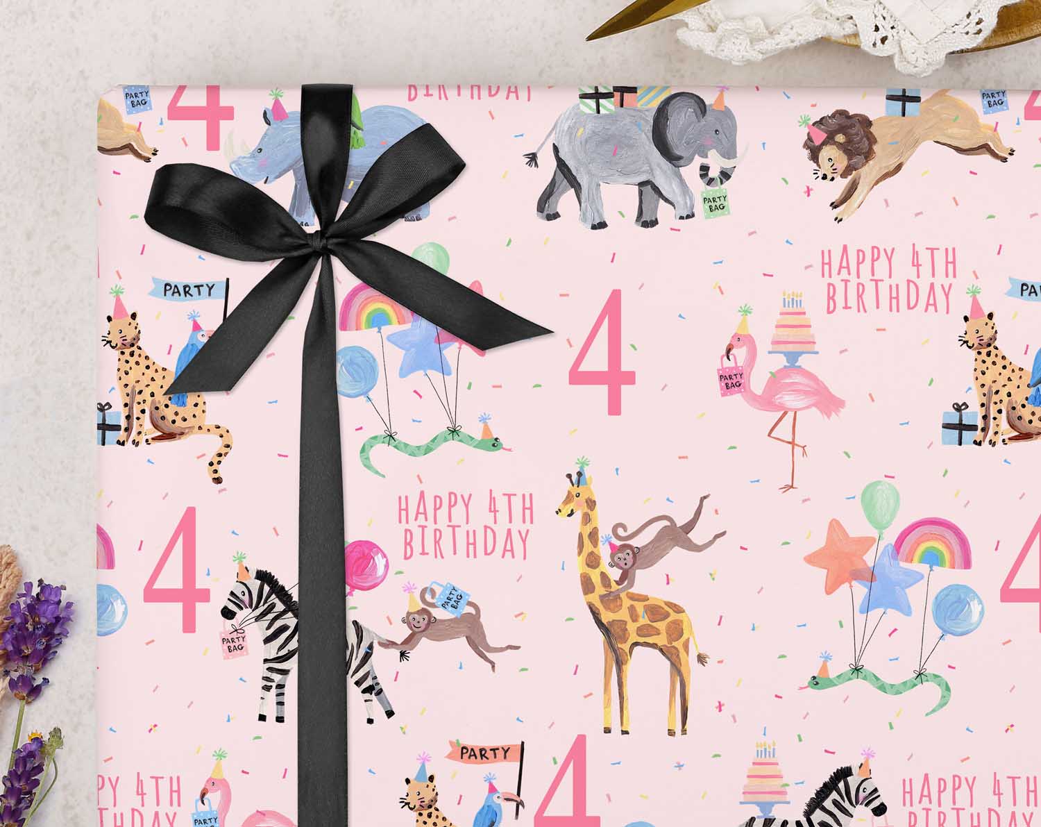 Pink Safari Animal 4th Birthday Wrapping Paper. Wrapping Paper designed by Making Meadows