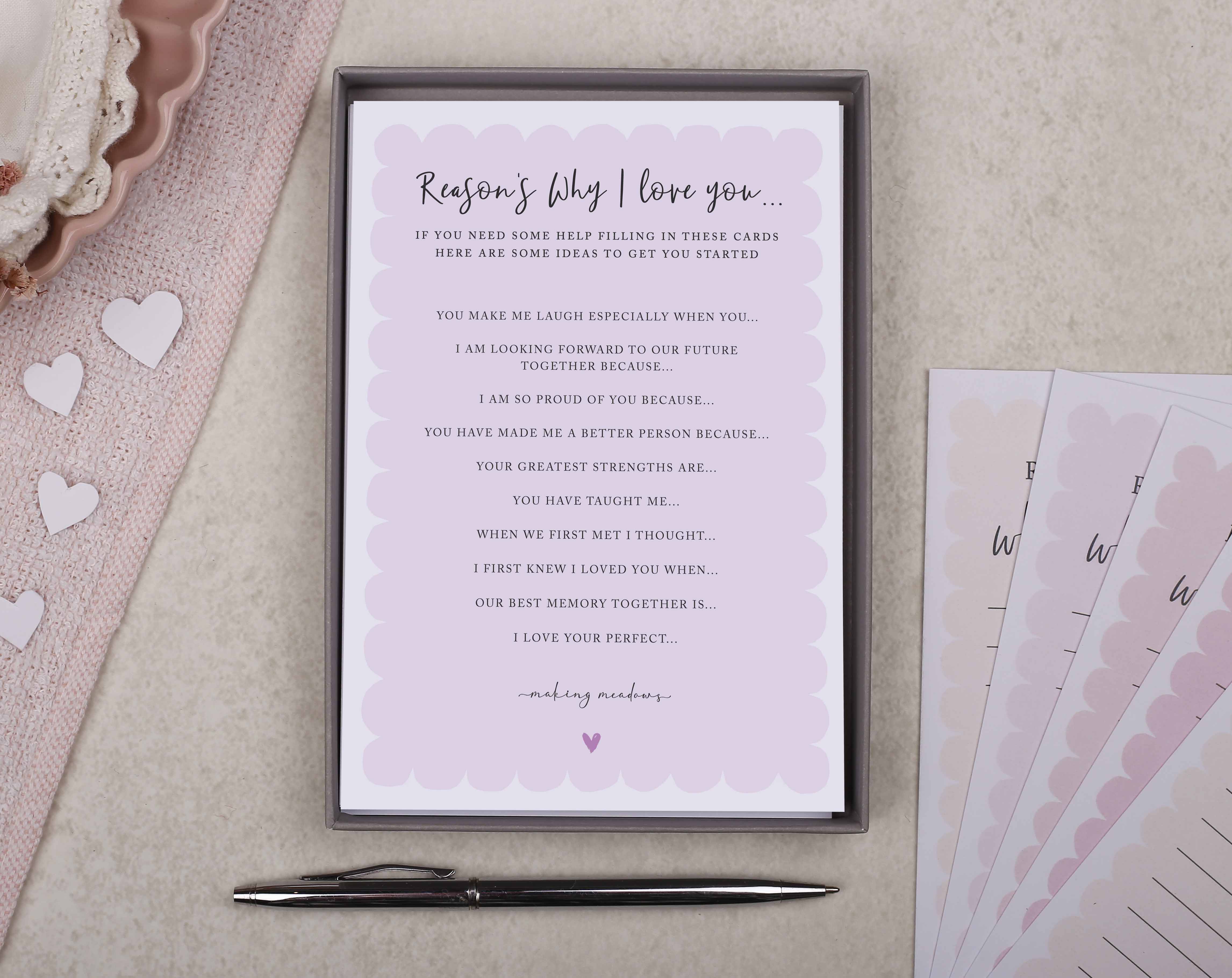 pink 'Reason's Why I Love You' tokens with gift box