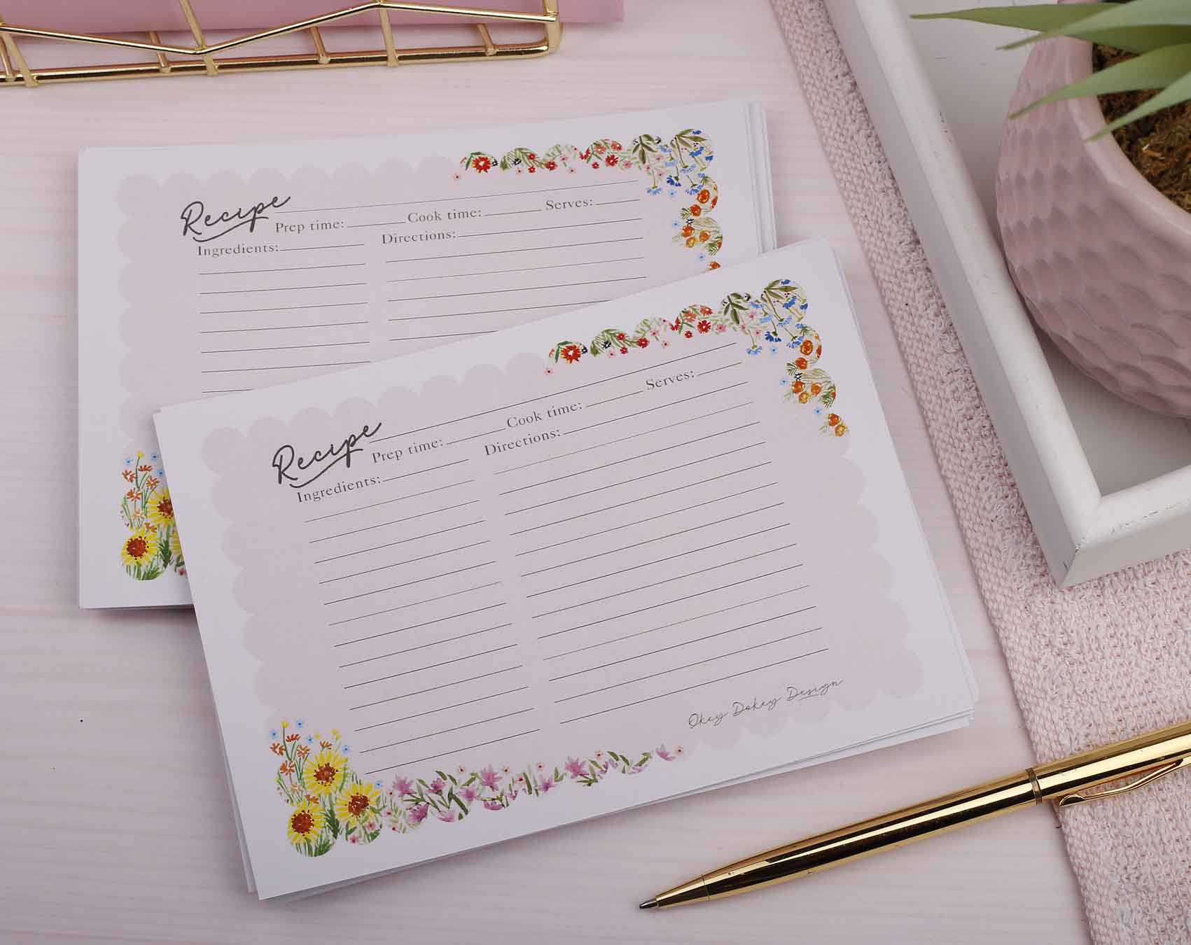 Pink Floral Scalloped Edge Recipe Cards