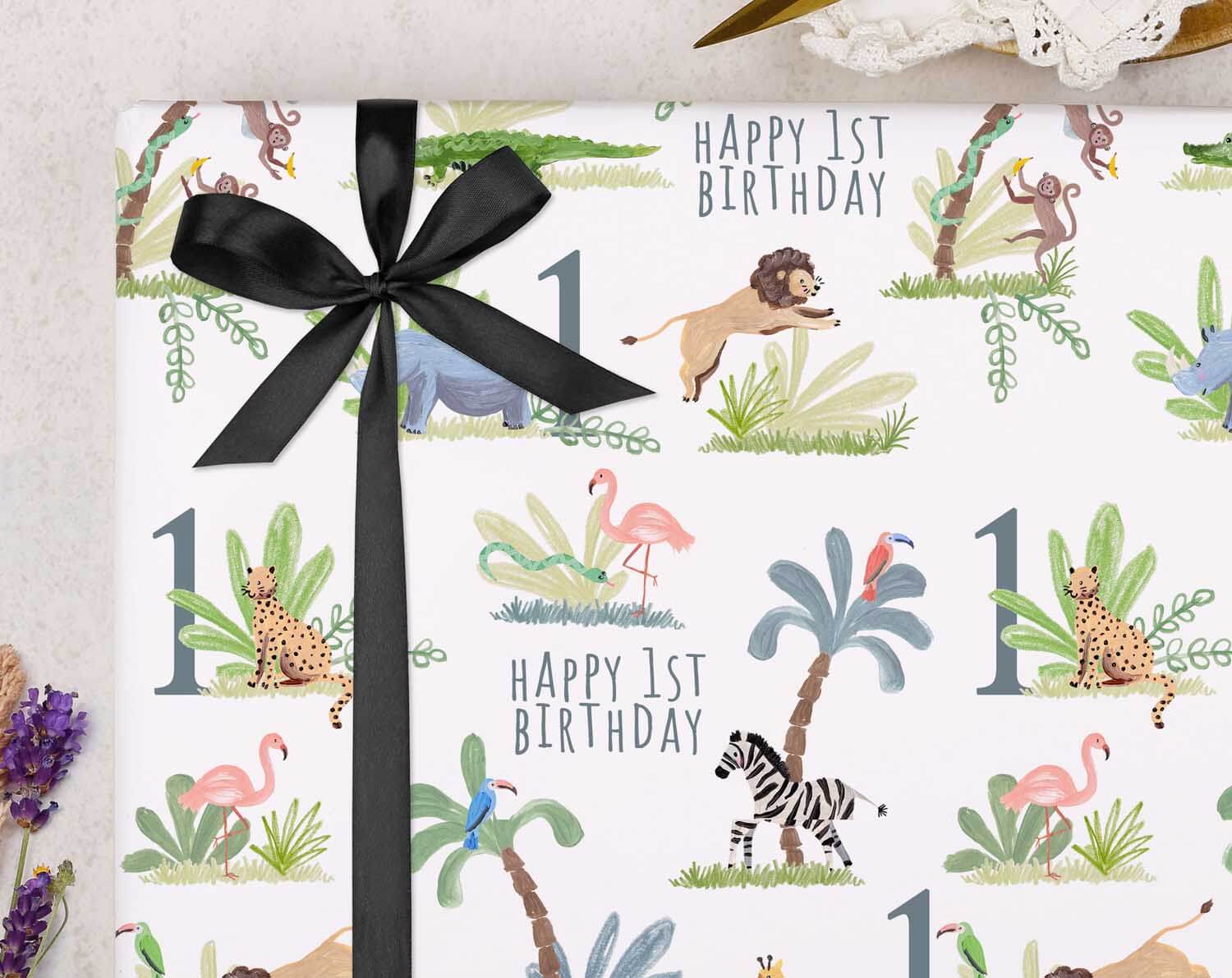 Safari Animal 1st Birthday Wrapping Paper. Wrapping Paper designed by Making Meadows