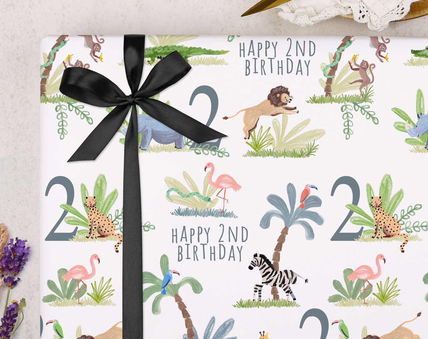 Safari Animal 2nd Birthday Wrapping Paper. Wrapping Paper designed by Making Meadows
