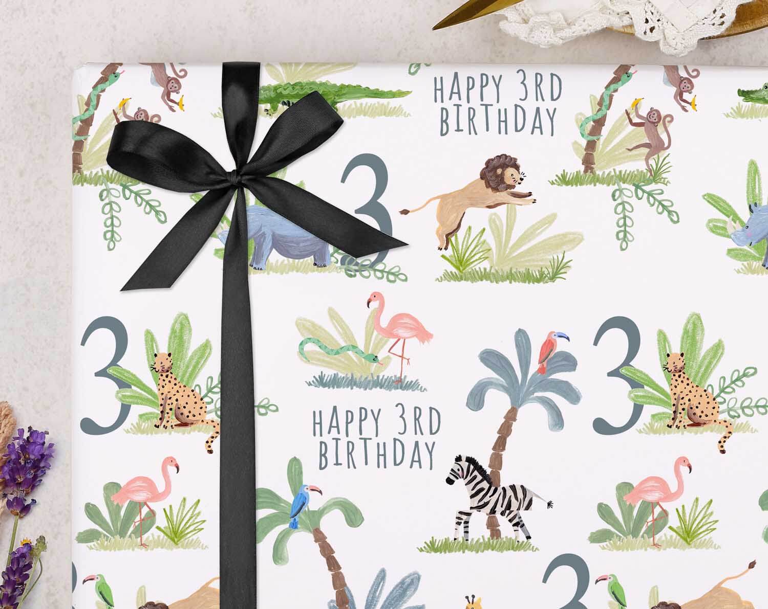 Safari Animal 3rd Birthday Wrapping Paper. Wrapping Paper designed by Making Meadows