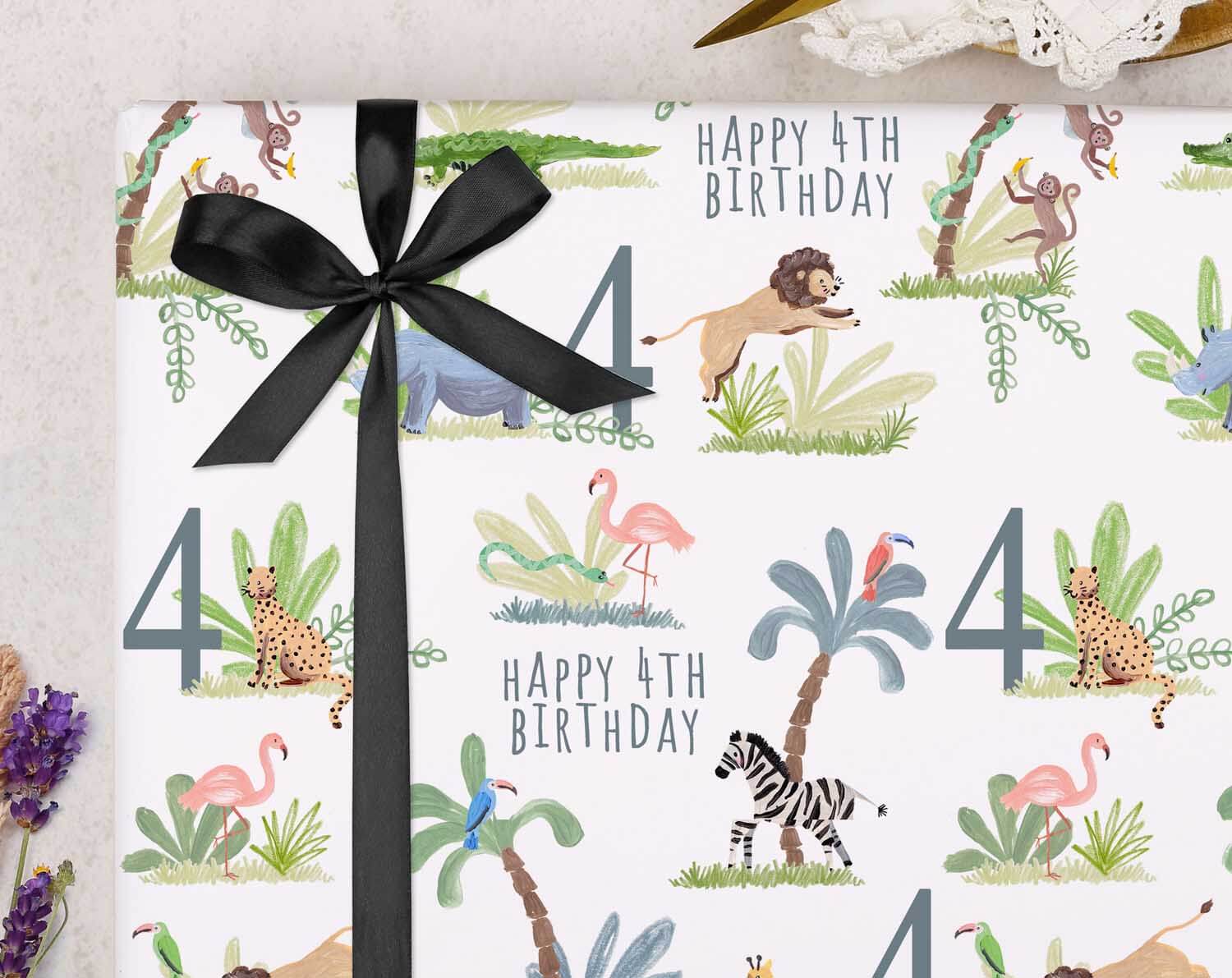 Safari Animal 4th Birthday Wrapping Paper. Wrapping Paper designed by Making Meadows