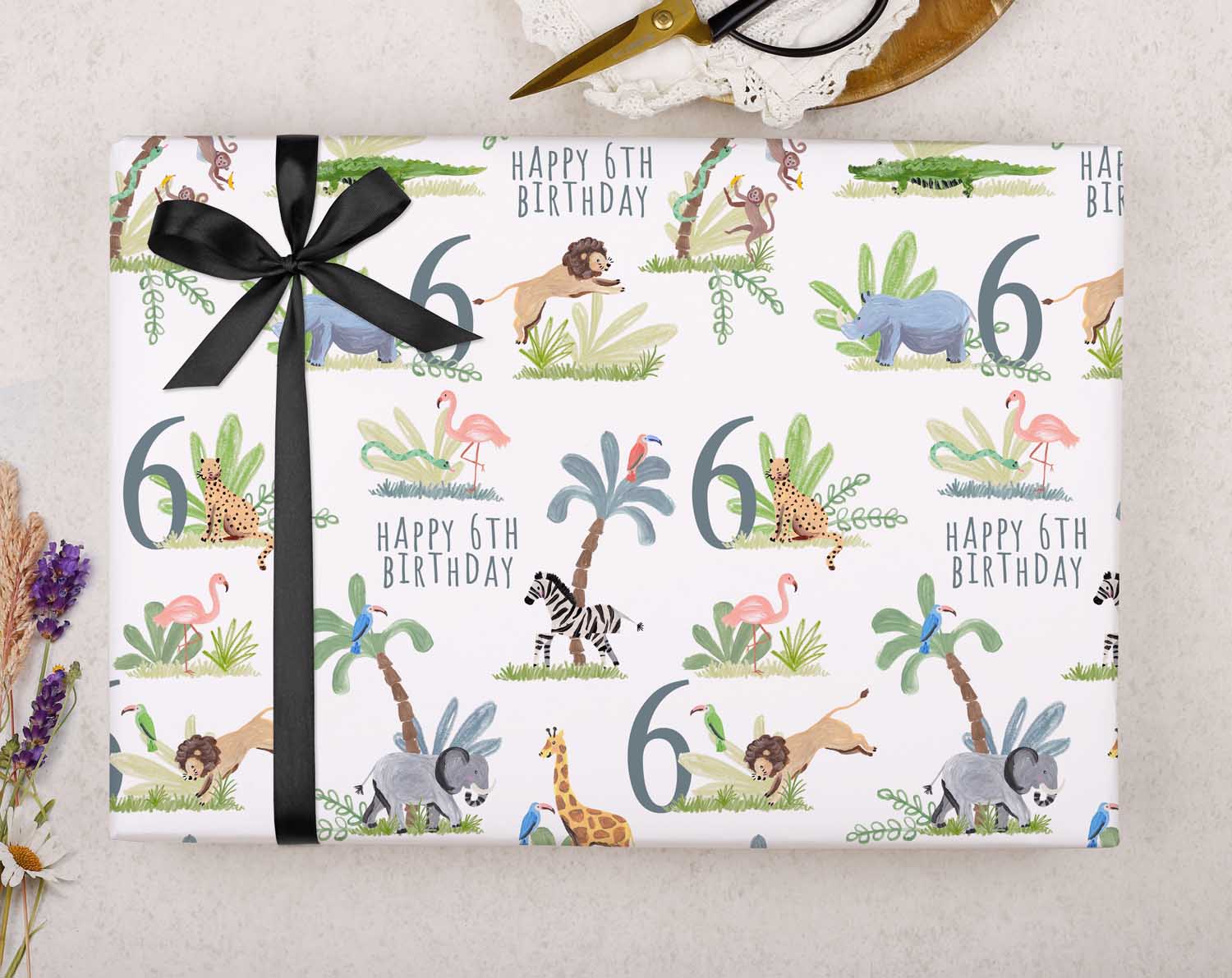 Safari Animal 6th Birthday Wrapping Paper. Wrapping Paper designed by Making Meadows
