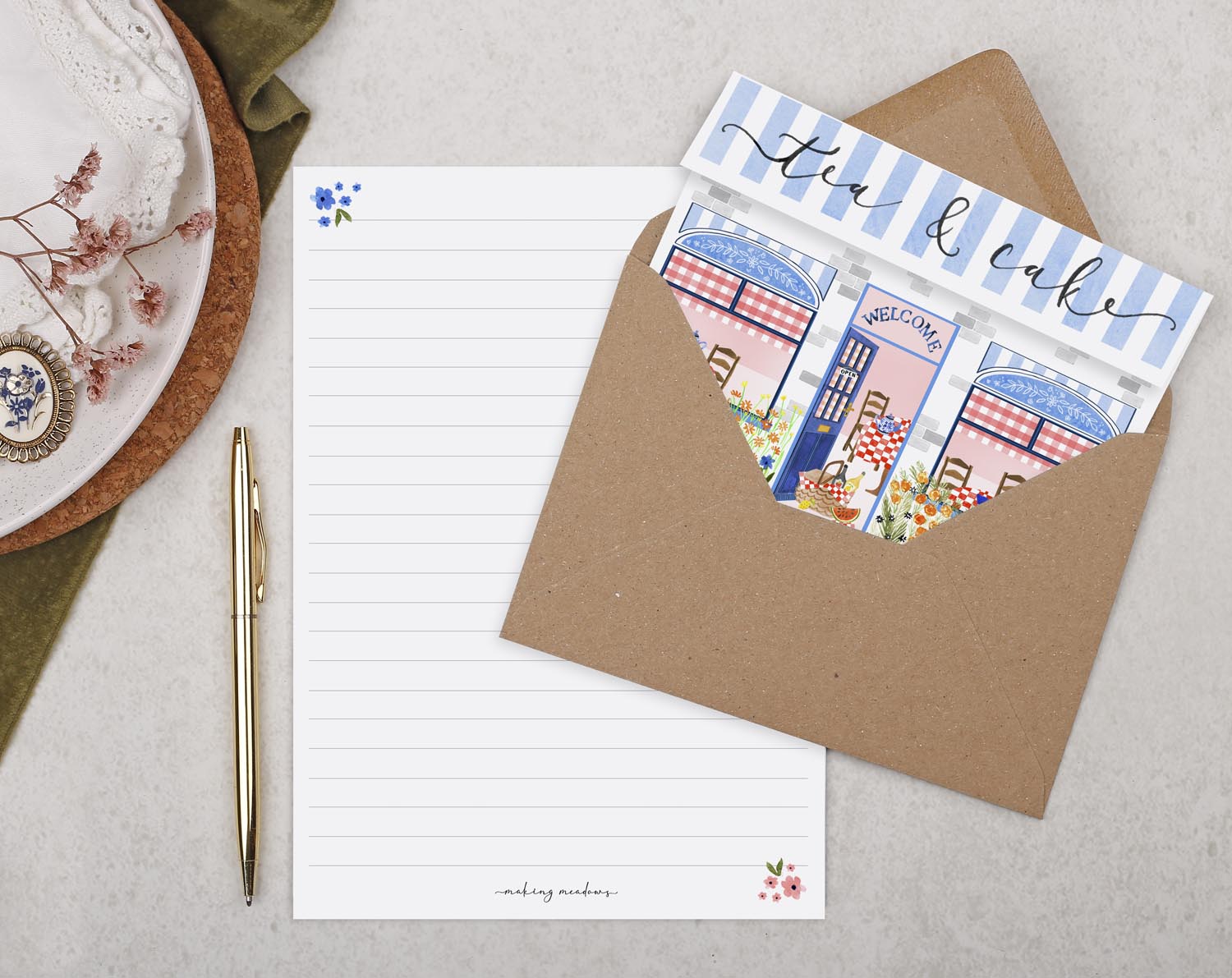 Shop Front A5 Writing Paper in Blue. Stationery designed by Making Meadows
