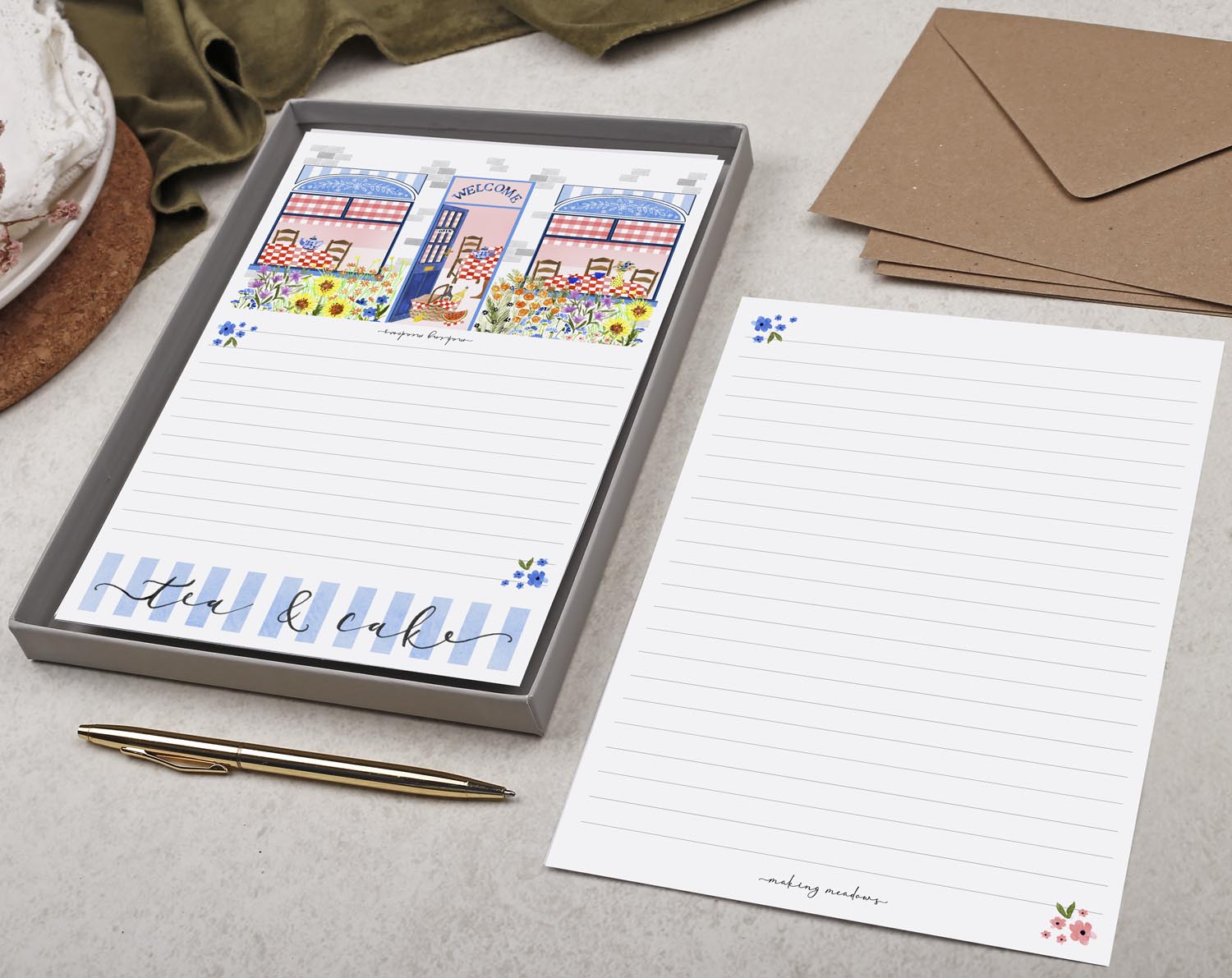 Shop Front A5 Writing Paper in Blue. Stationery designed by Making Meadows
