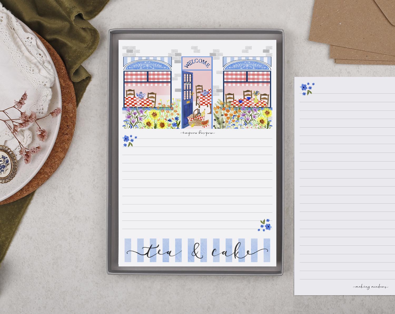 Shop Front A5 Writing Paper in Blue. Stationery designed by Making Meadows