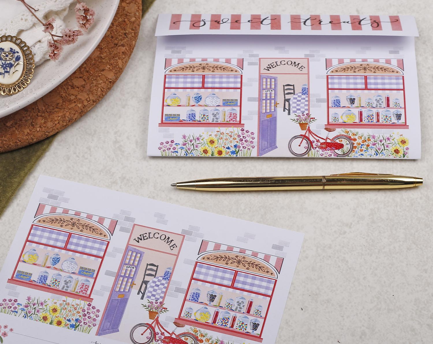 Shop Front A5 Writing Paper in Pink. Stationery designed by Making Meadows