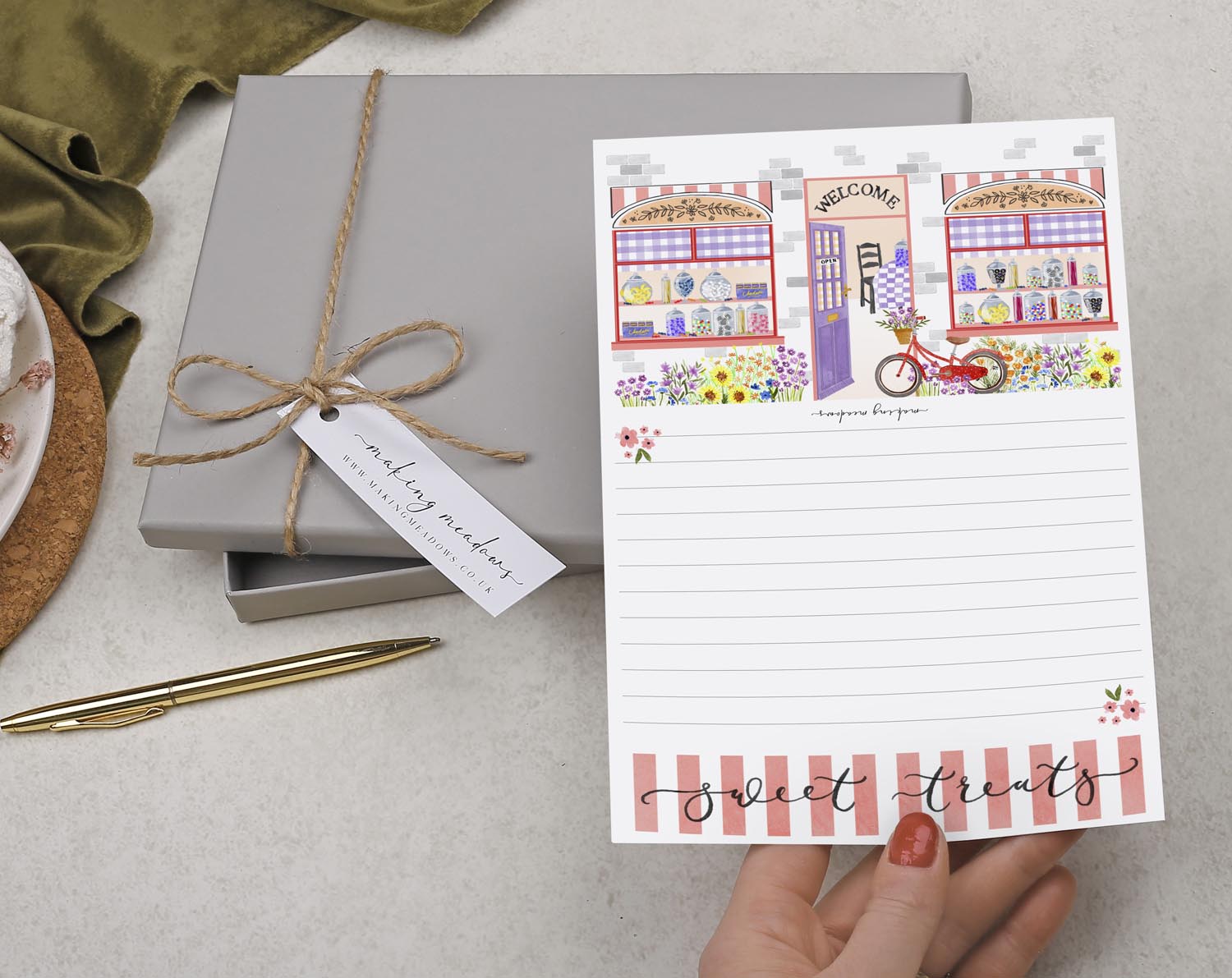 Shop Front A5 Writing Paper in Pink. Stationery designed by Making Meadows
