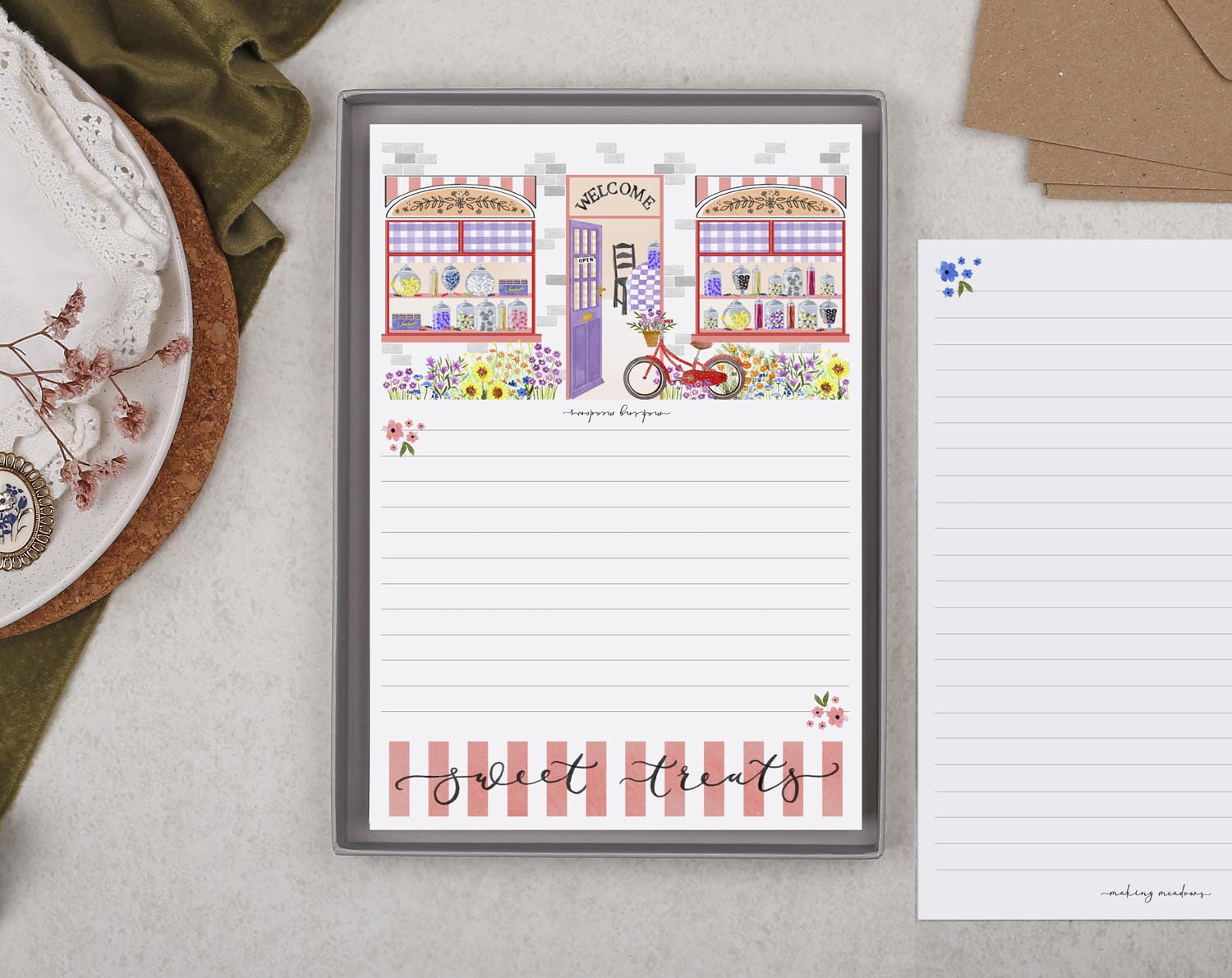 Shop Front A5 Writing Paper in Pink. Stationery designed by Making Meadows