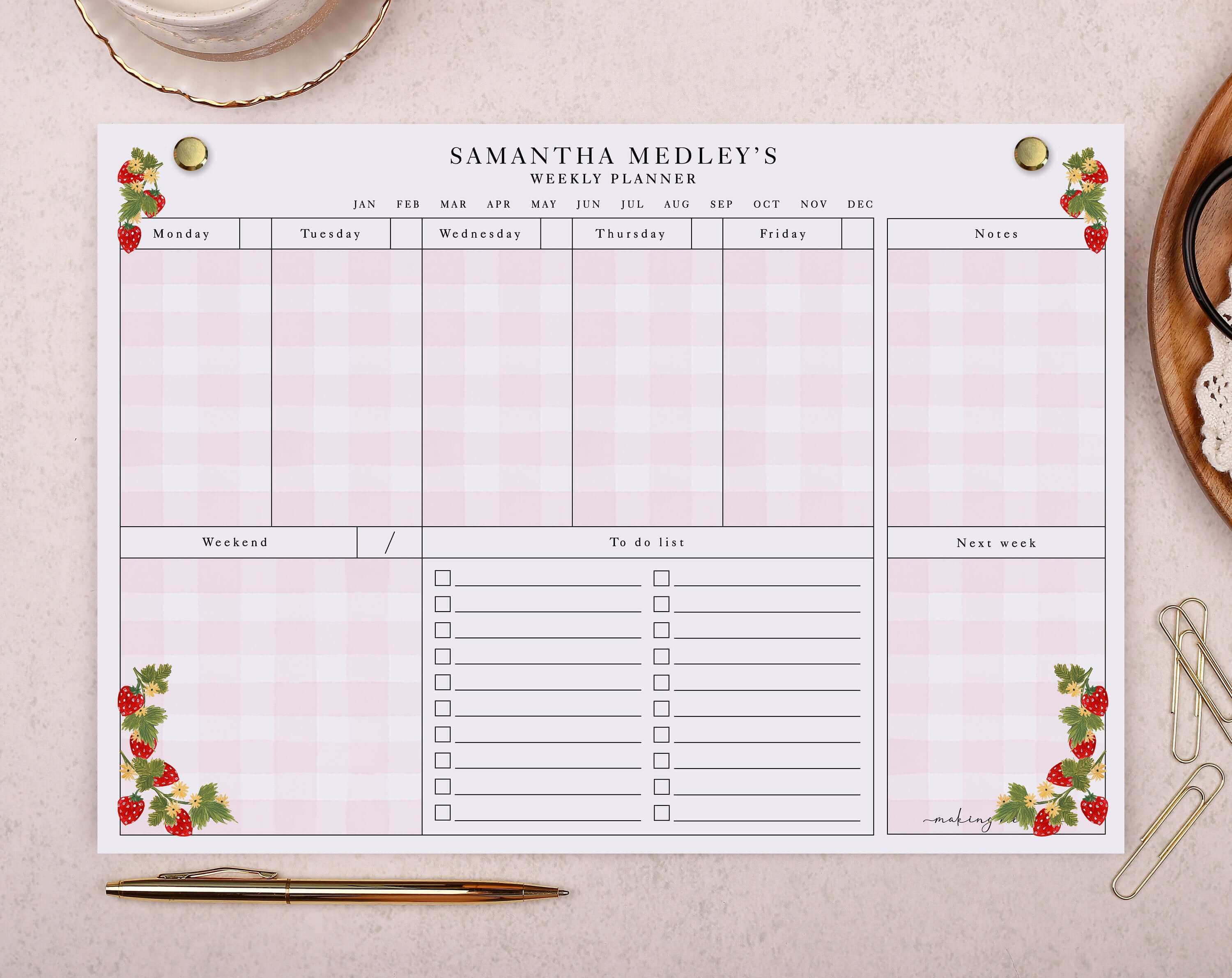 Strawberry Personalised Weekly Planner Pad. Planners designed by Making Meadows