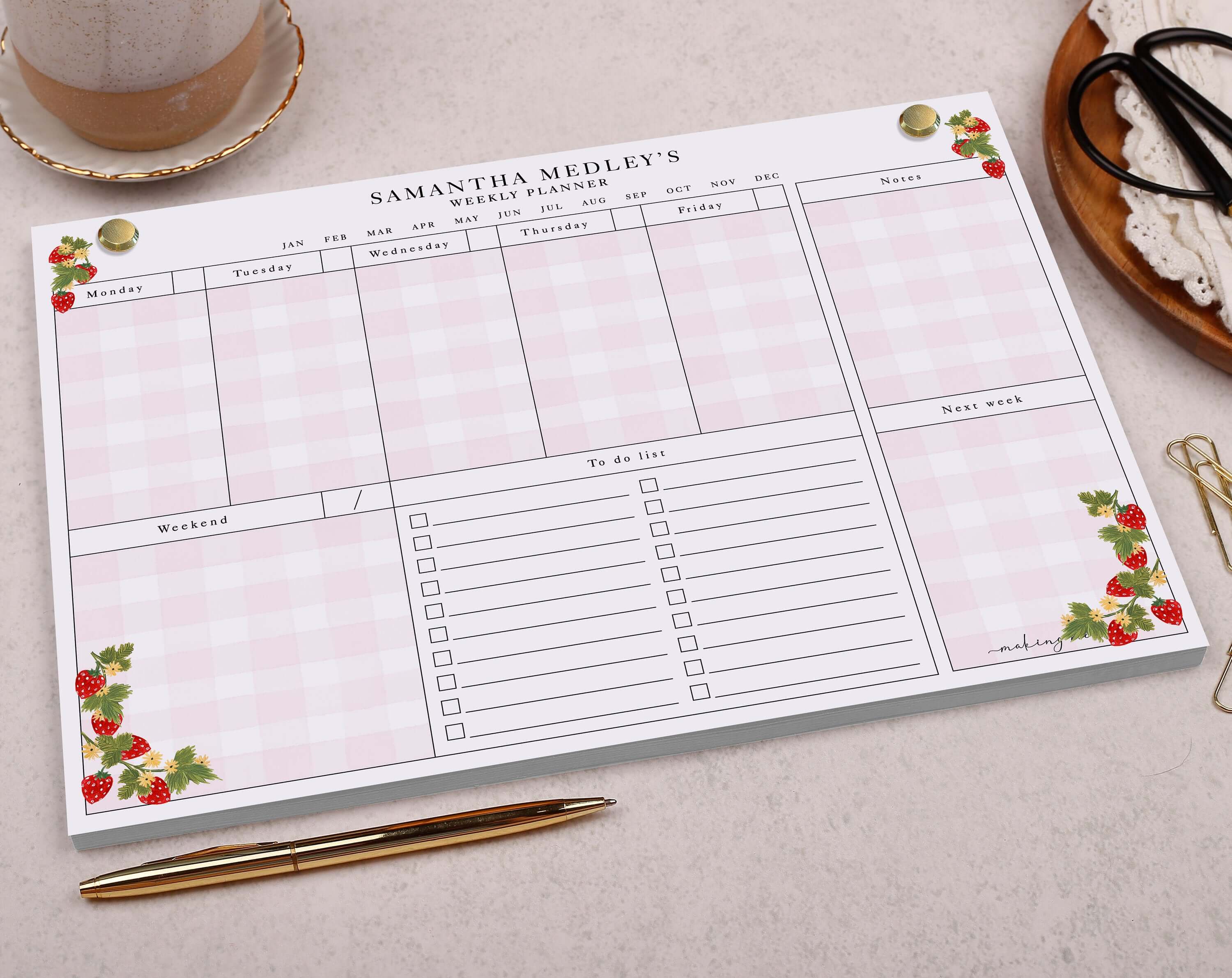 Strawberry Personalised Weekly Planner Pad. Planners designed by Making Meadows