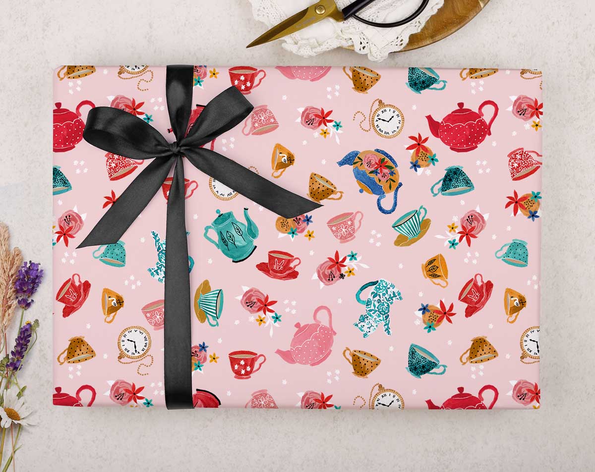 Tea pot and tea cup wrapping paper. Wrapping Paper designed by Making Meadows