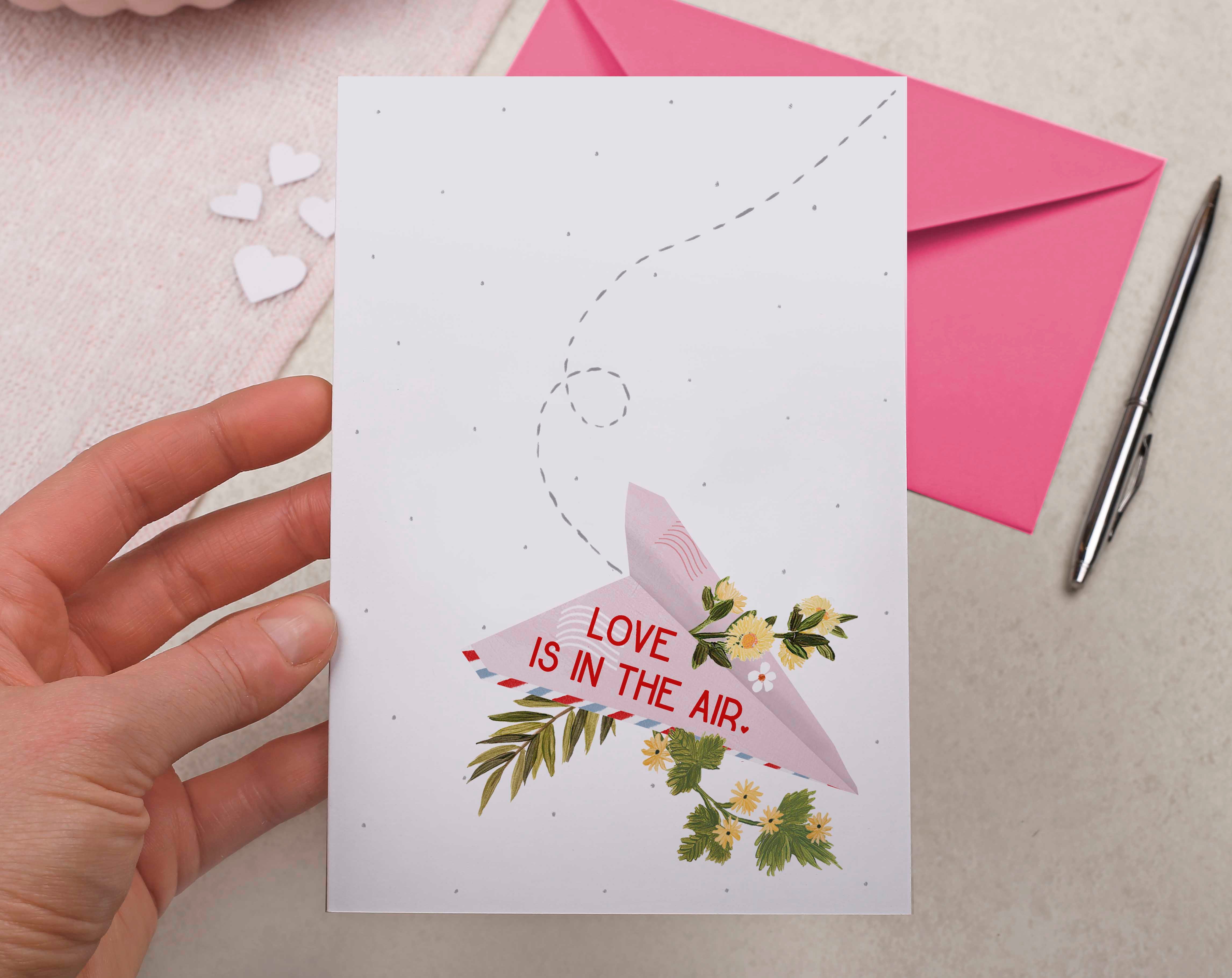 'Love Is In The Air' paper airplane Valentine card