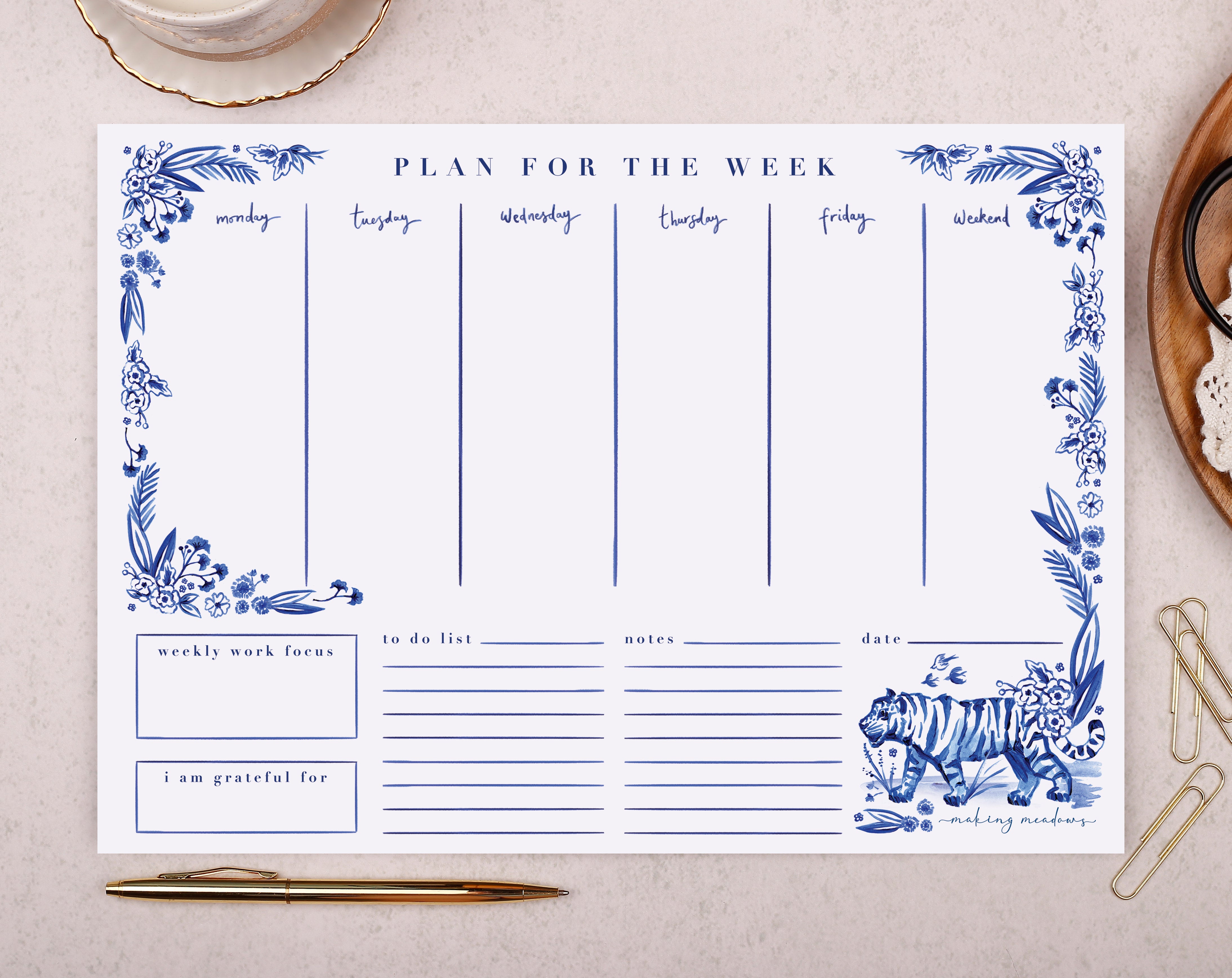 Floral Tiger Weekly Planner Desk Pad