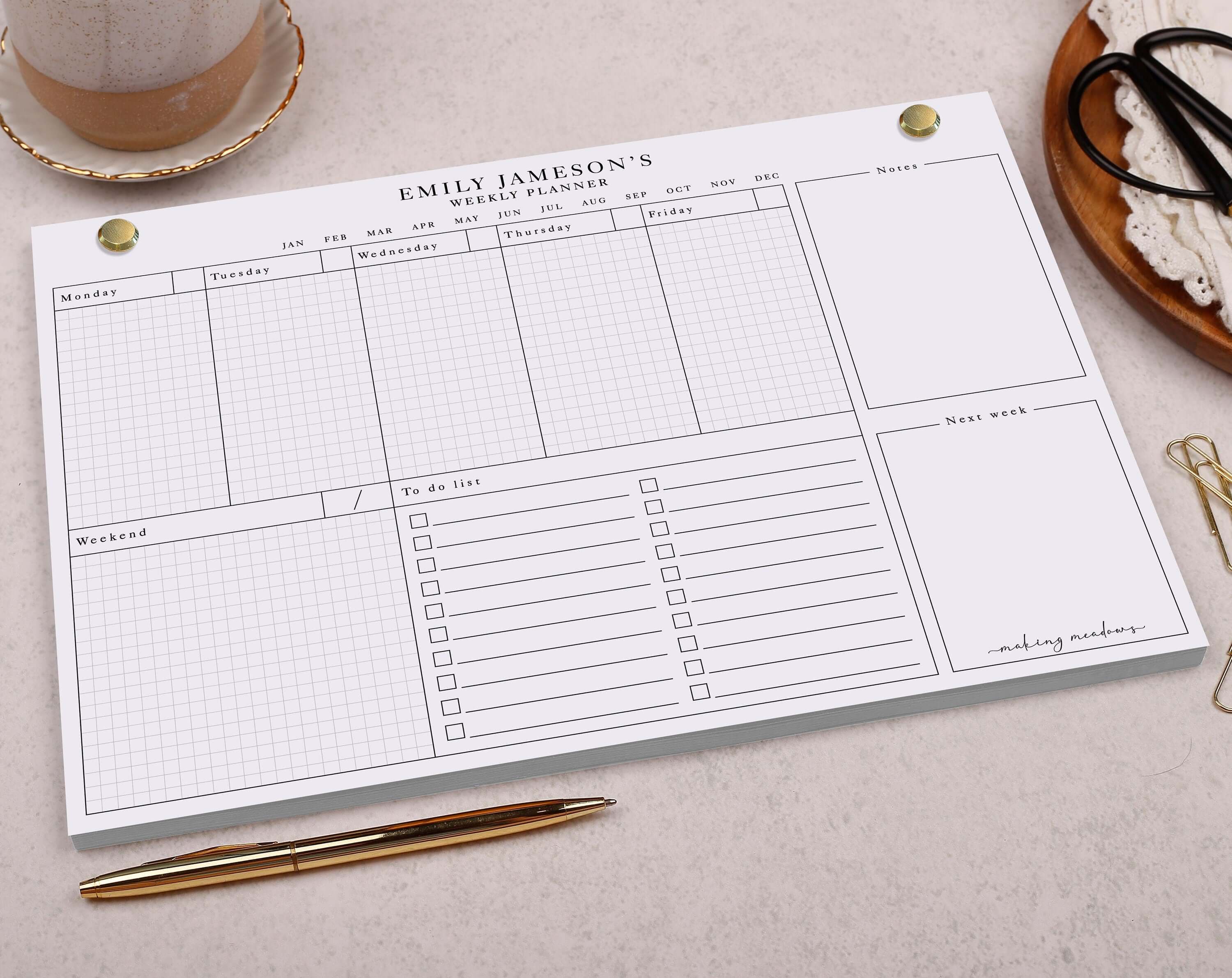 White Basic Personalised Weekly Planner Pad. Planners designed by Making Meadows